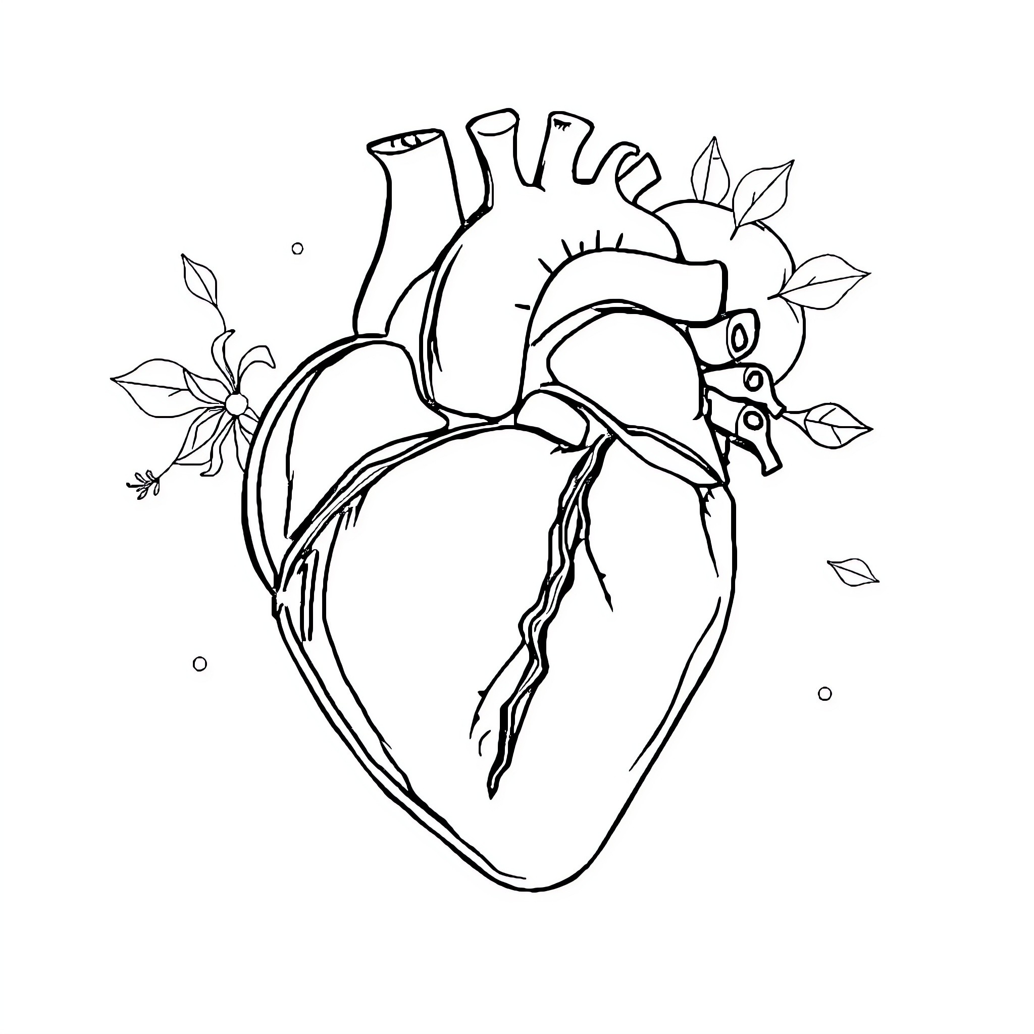 Corazon adorned with nature's beauty Coloring Page (free black-and-white line drawing printable PDF for all, from beginners to advanced learners, including children, teens, adults, and seniors)