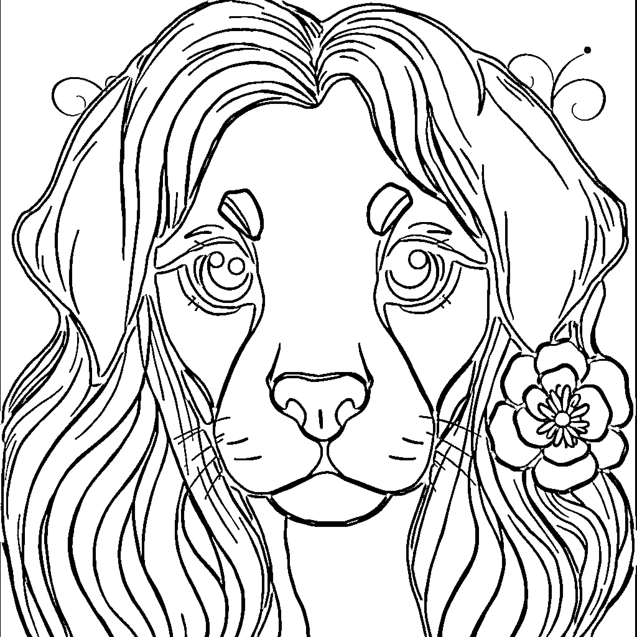 Collage of a Lion with Flowing Mane and Floral Accents Coloring Page (free black-and-white line drawing printable PDF for all, from beginners to advanced learners, including children, teens, adults, and seniors)