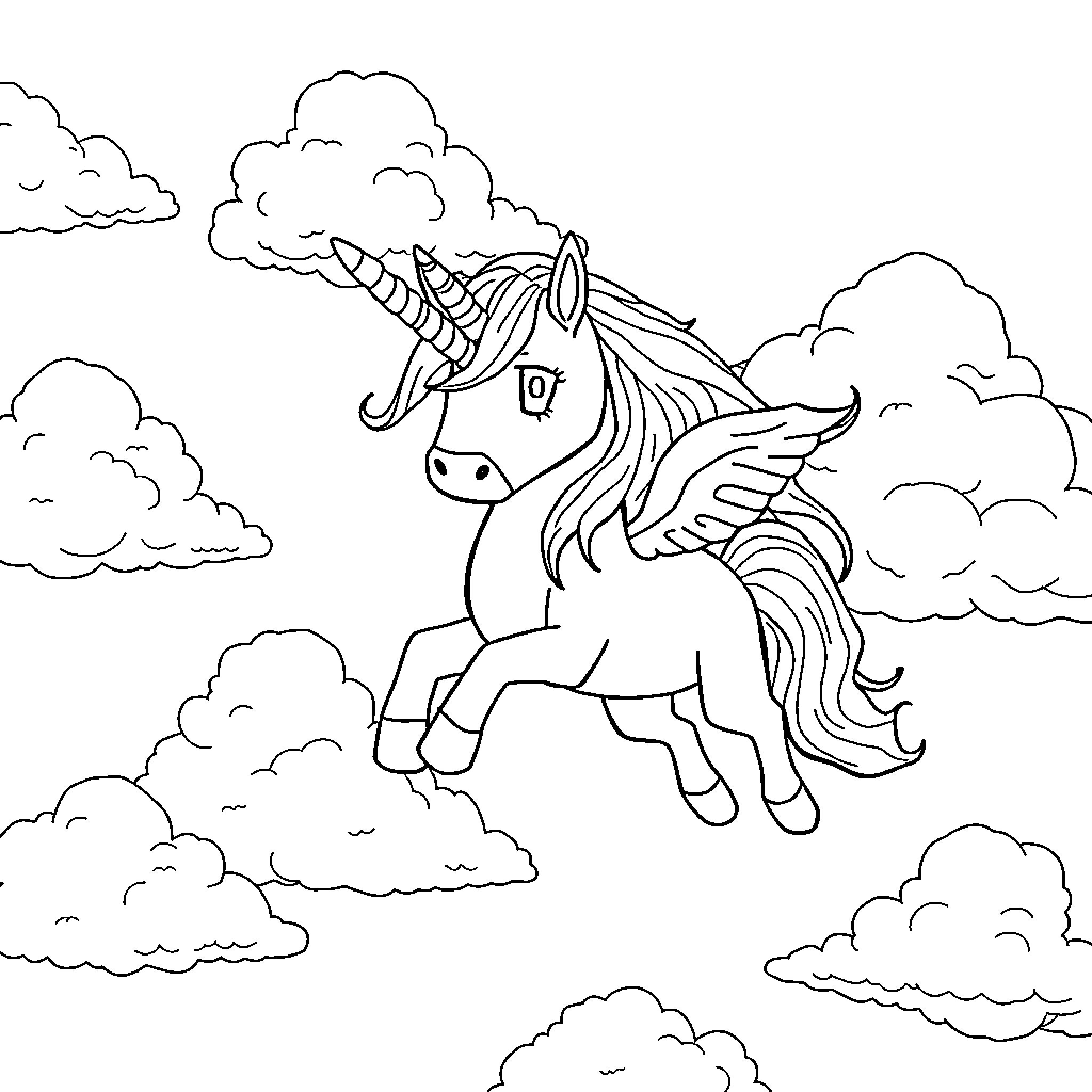Unicorn soaring through the clouds Coloring Page (free black-and-white line drawing printable PDF for all, from beginners to advanced learners, including children, teens, adults, and seniors)