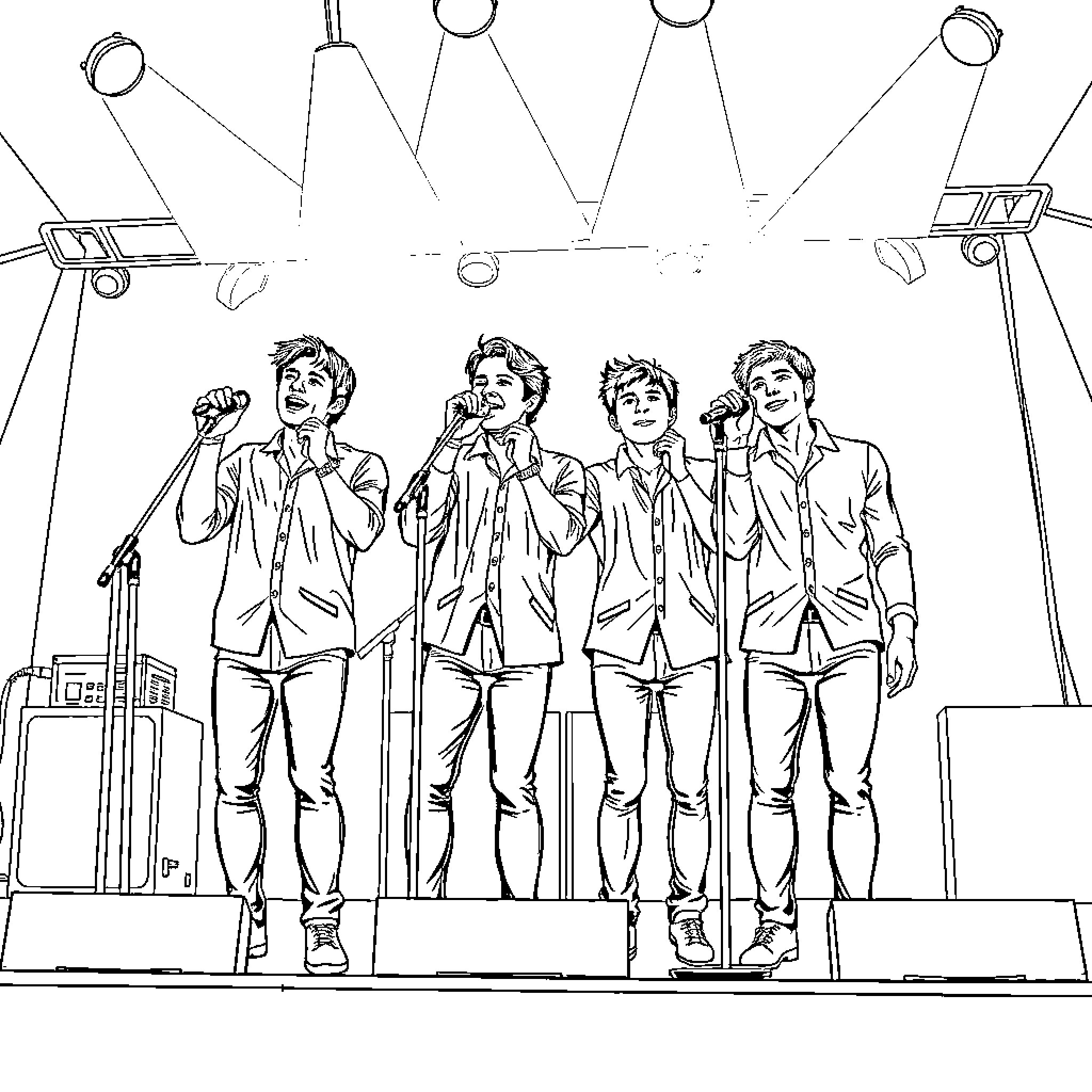 Westlife Performing on Stage with Microphones Coloring Page (free black-and-white line drawing printable PDF for all, from beginners to advanced learners, including children, teens, adults, and seniors)