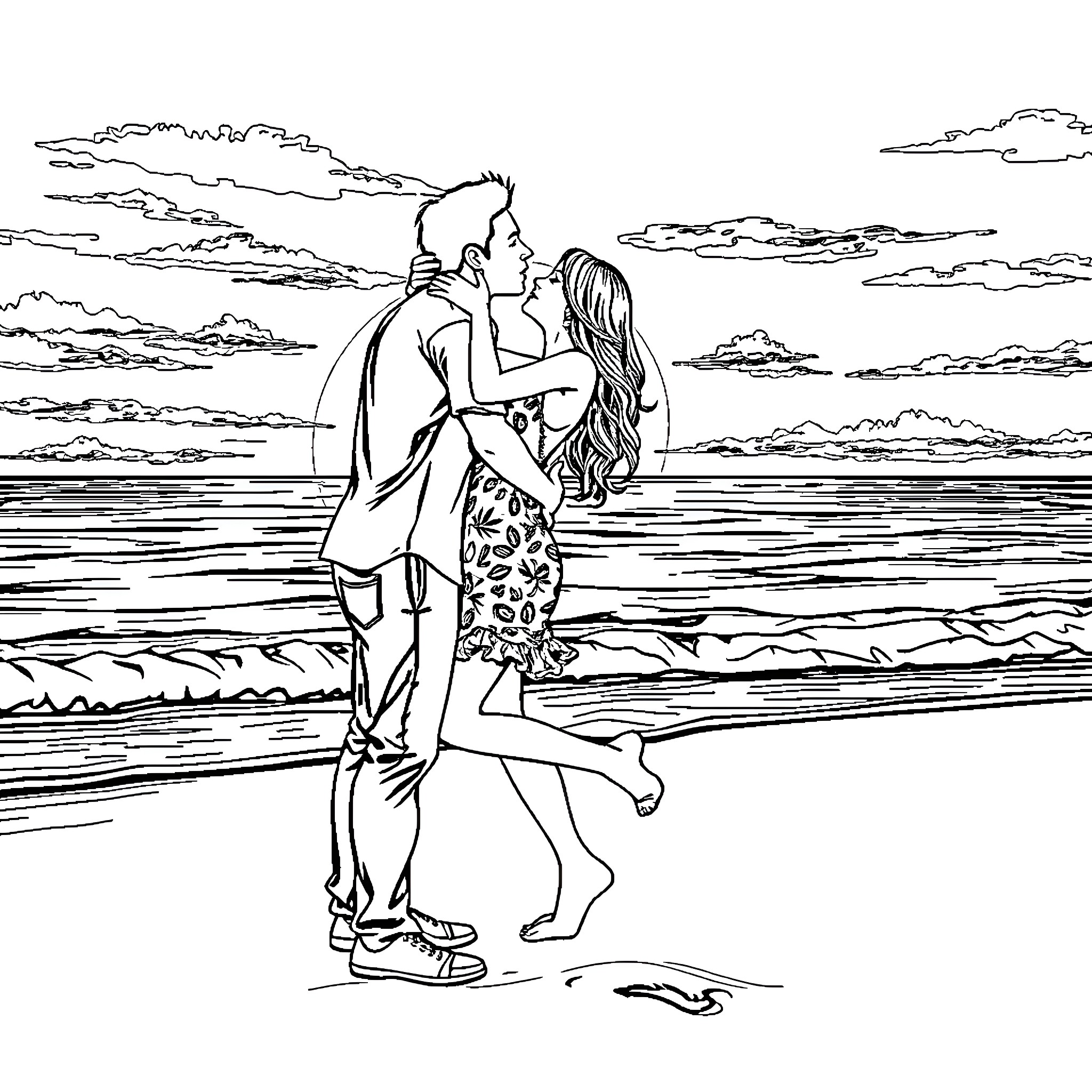 Beach lovers embracing during sunset Coloring Page (free black-and-white line drawing printable PDF for all, from beginners to advanced learners, including children, teens, adults, and seniors)