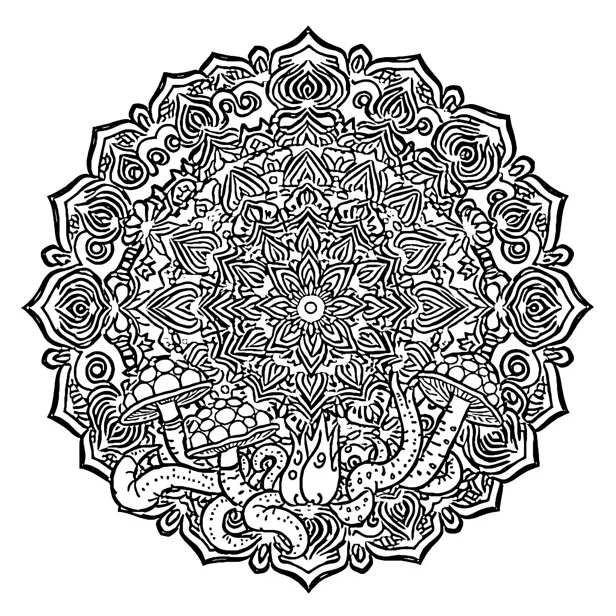 Mandala with intricate floral and geometric patterns Coloring Page (free black-and-white line drawing printable PDF for all, from beginners to advanced learners, including children, teens, adults, and seniors)