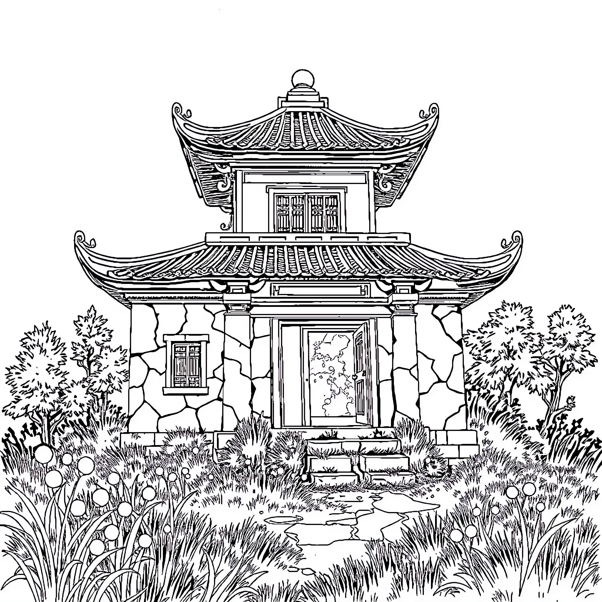 Temple with Ornate Roof Structure in Lush Garden Coloring Page (free black-and-white line drawing printable PDF for all, from beginners to advanced learners, including children, teens, adults, and seniors)