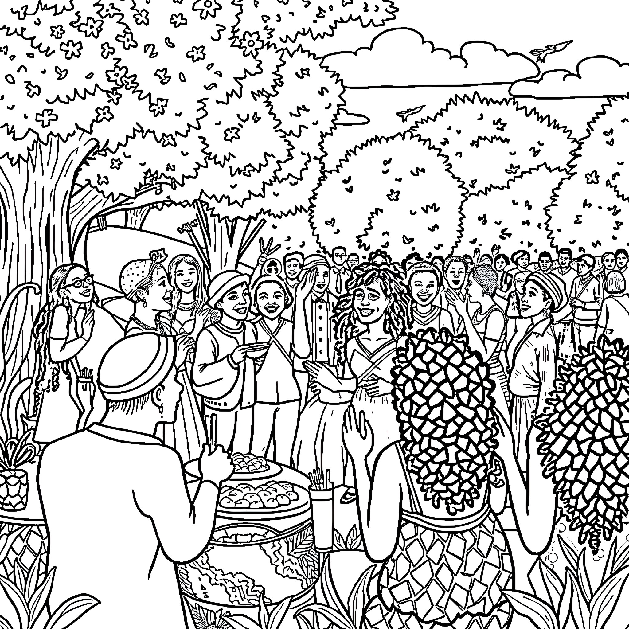 Juneteenth celebration with diverse community gathering Coloring Page (free black-and-white line drawing printable PDF for all, from beginners to advanced learners, including children, teens, adults, and seniors)