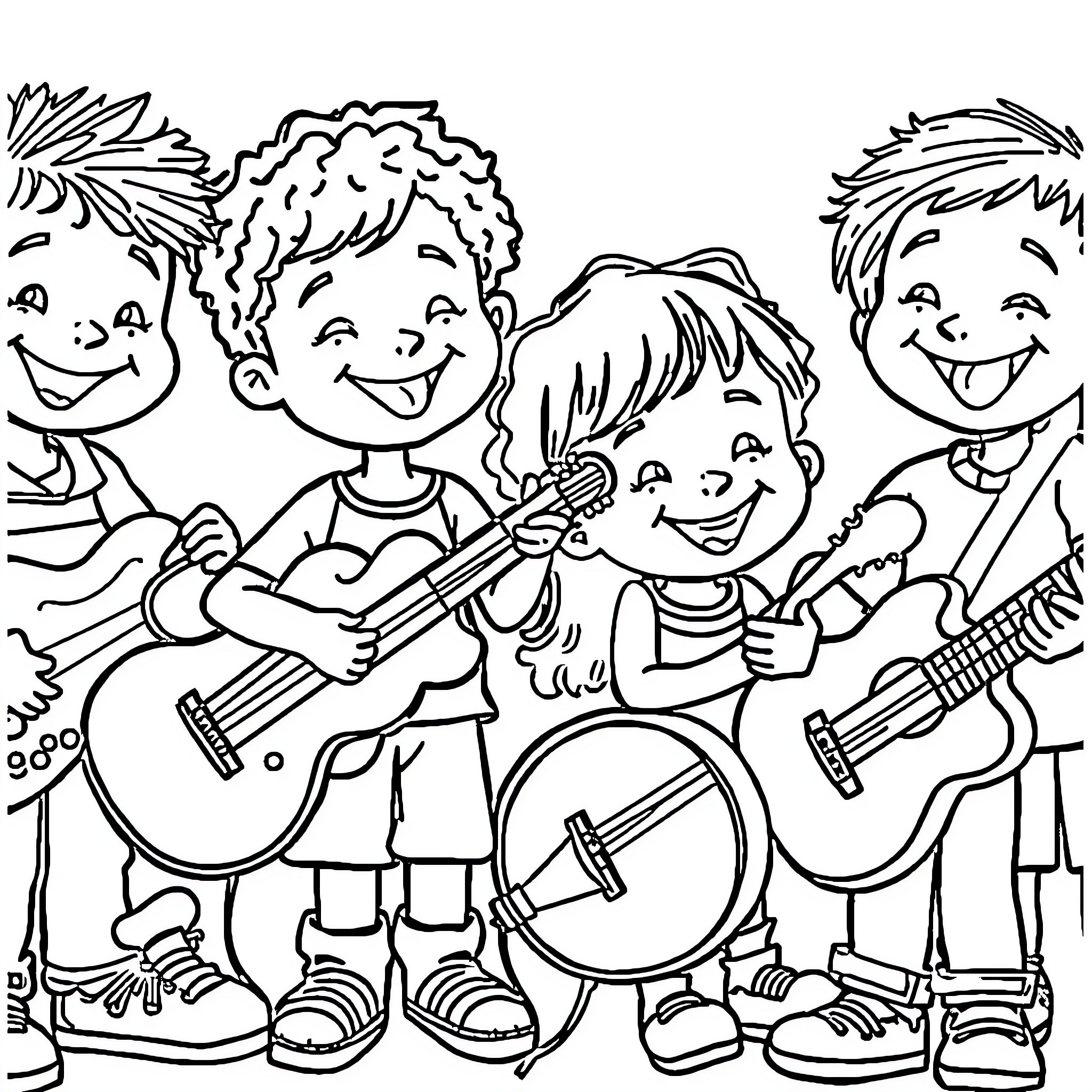 Child Musicians Playing Guitars and Drums Together Coloring Page (free black-and-white line drawing printable PDF for all, from beginners to advanced learners, including children, teens, adults, and seniors)