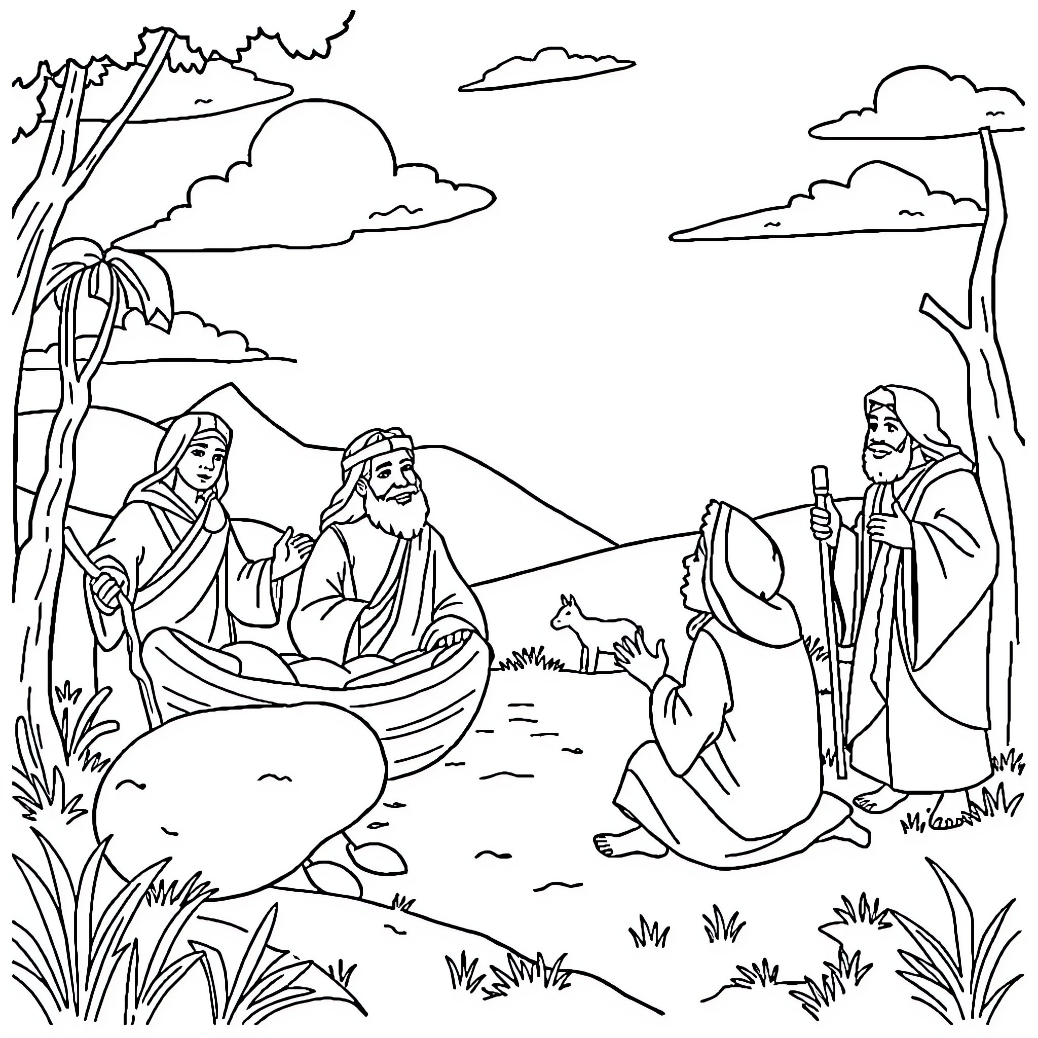 Bible Story of men in traditional attire by the river Coloring Page (free black-and-white line drawing printable PDF for all, from beginners to advanced learners, including children, teens, adults, and seniors)