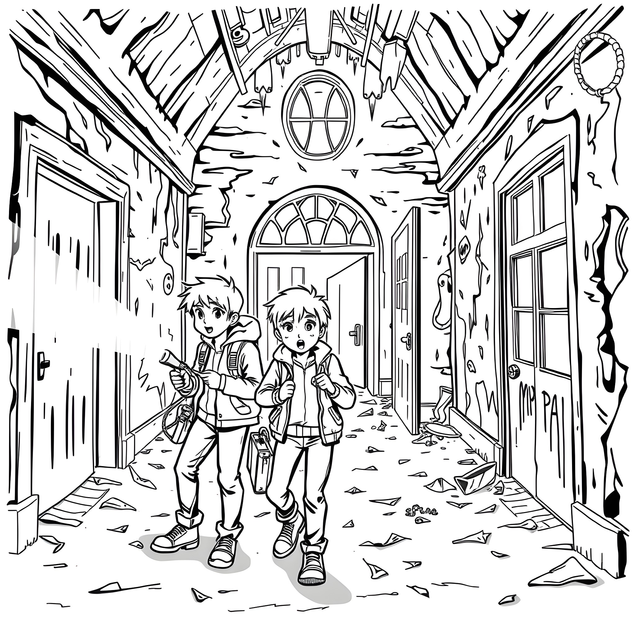 Sam and Colby exploring a mysterious hallway Coloring Page (free black-and-white line drawing printable PDF for all, from beginners to advanced learners, including children, teens, adults, and seniors)
