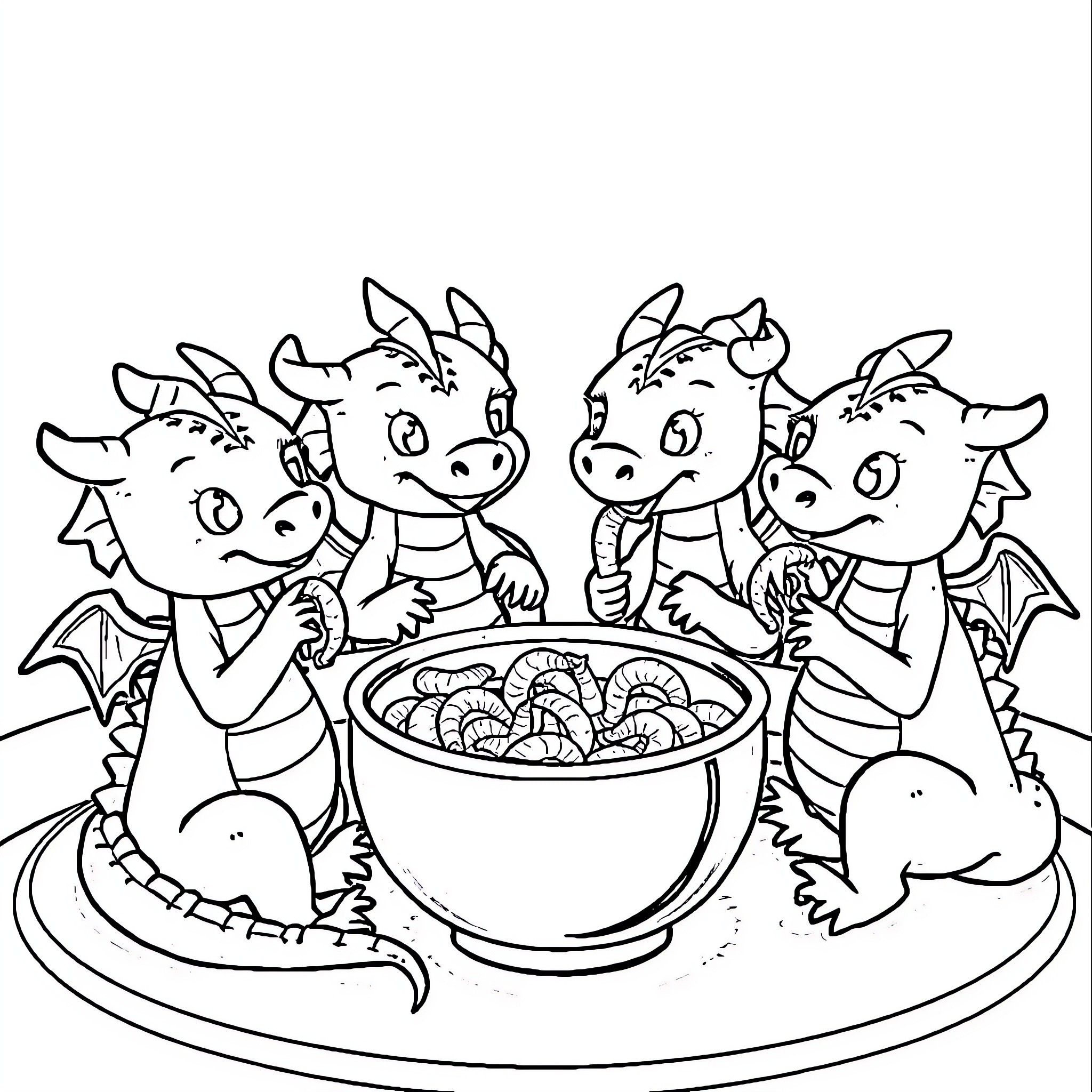 Dragon family enjoying a festive meal together Coloring Page (free black-and-white line drawing printable PDF for all, from beginners to advanced learners, including children, teens, adults, and seniors)