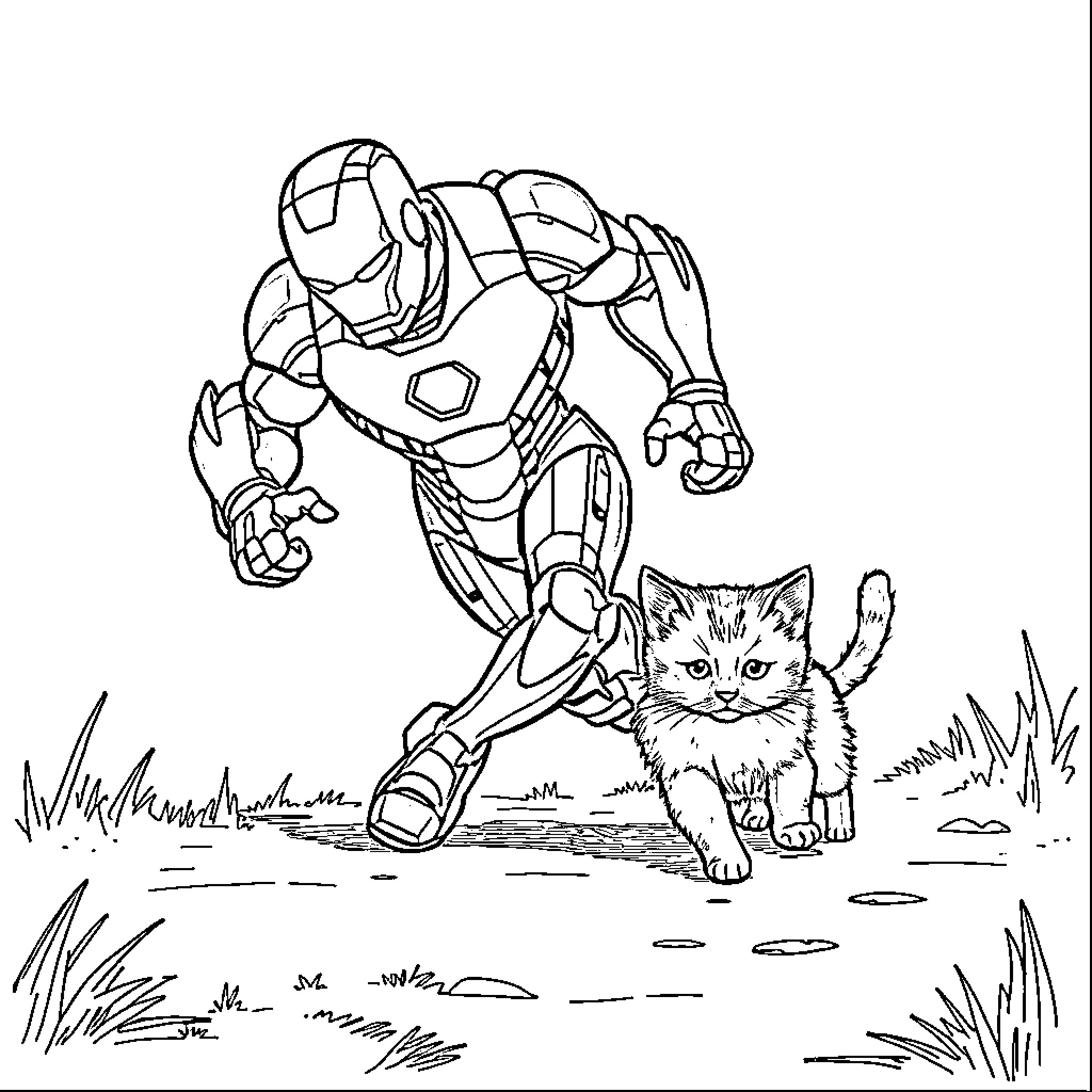 Iron Man Encounters Curious Kitten in Nature Coloring Page (free black-and-white line drawing printable PDF for all, from beginners to advanced learners, including children, teens, adults, and seniors)