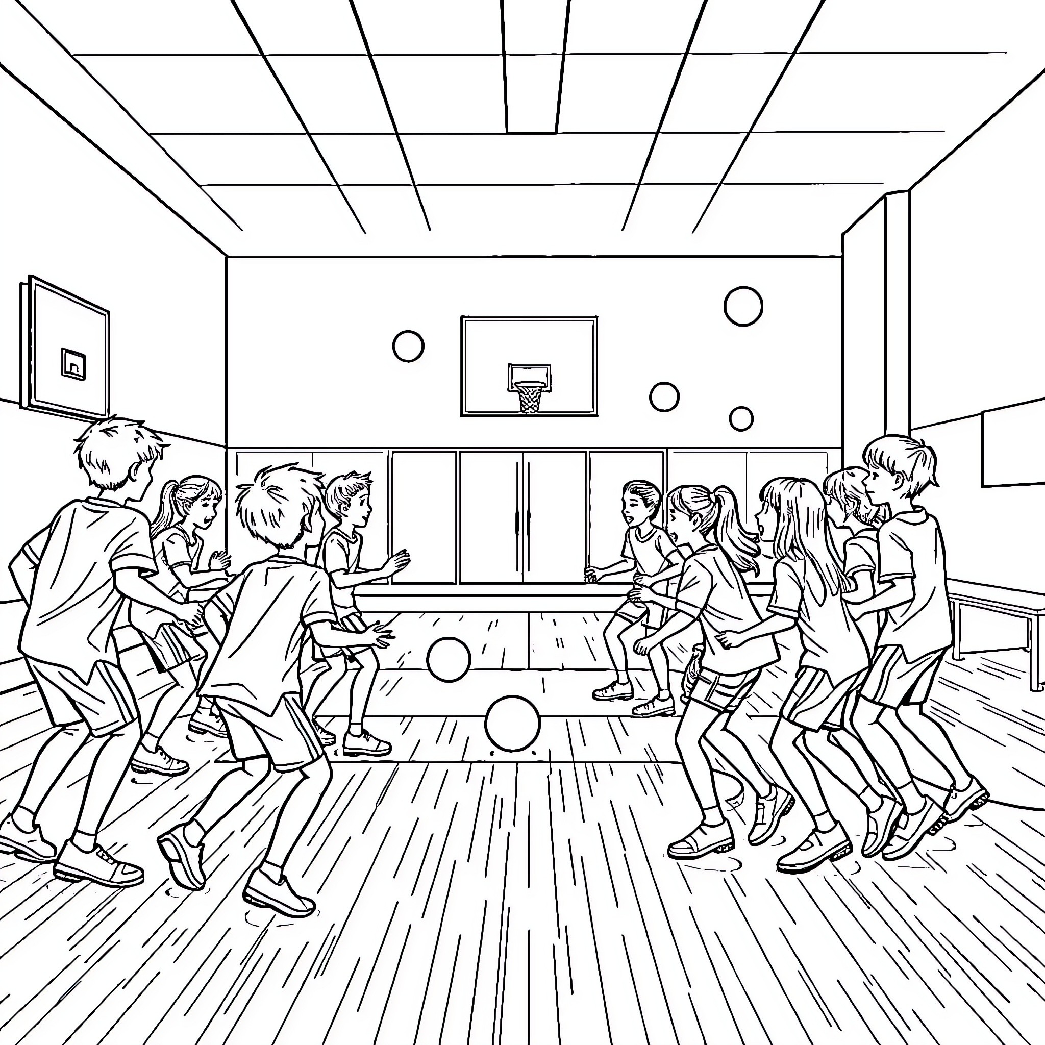 P.E. Class Playing Basketball in the Gymnasium Coloring Page (free black-and-white line drawing printable PDF for all, from beginners to advanced learners, including children, teens, adults, and seniors)