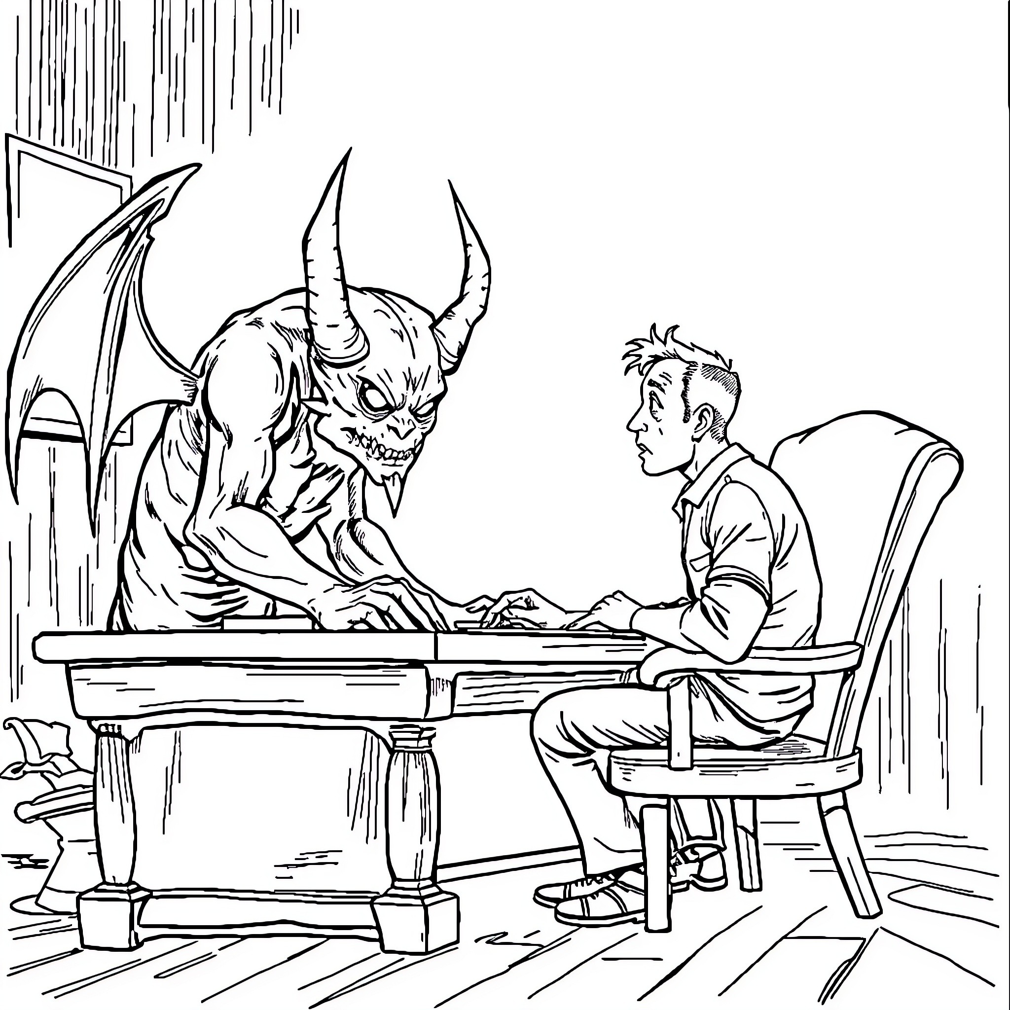 Demon making a deal with a terrified man Coloring Page (free black-and-white line drawing printable PDF for all, from beginners to advanced learners, including children, teens, adults, and seniors)