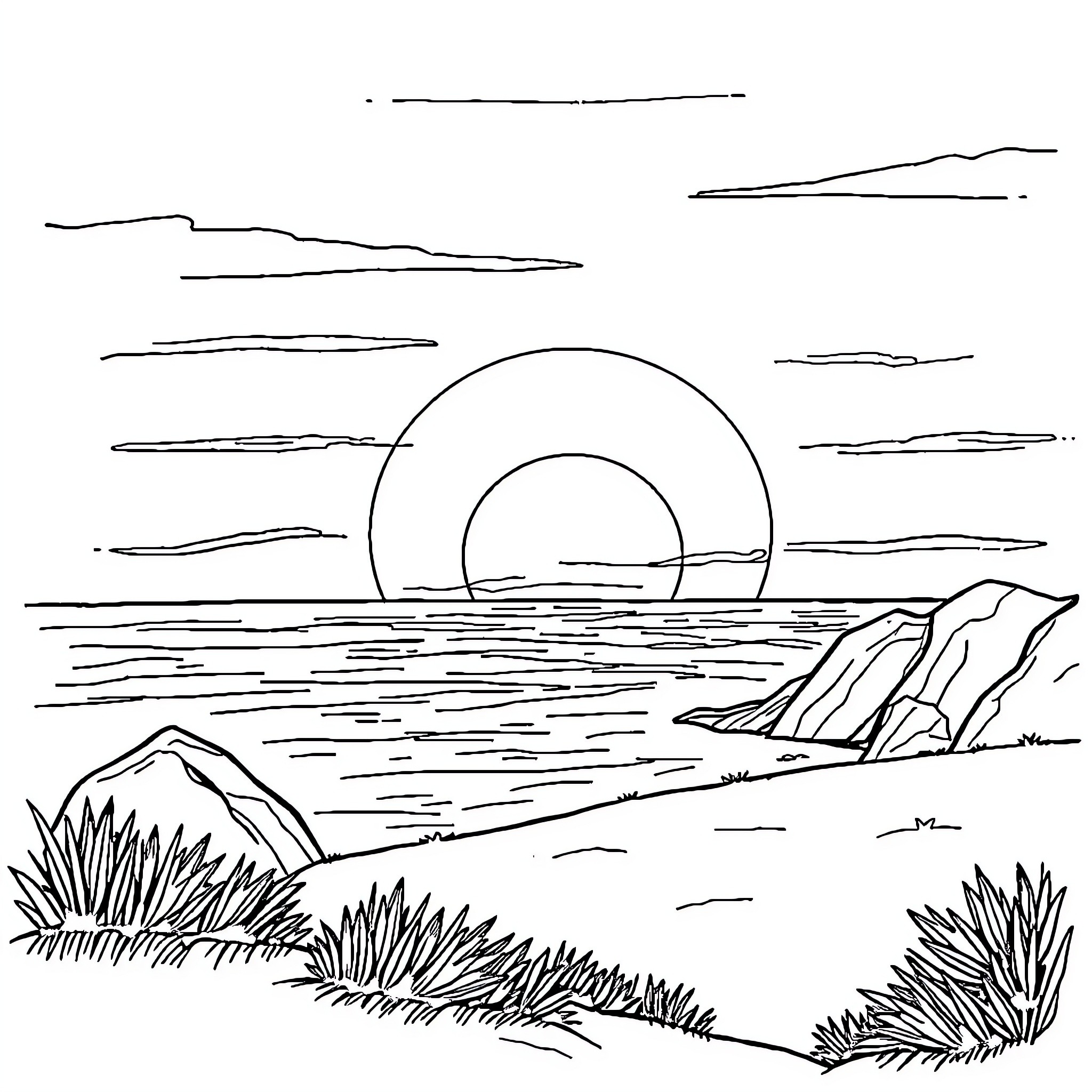Sunset over serene coastal landscape Coloring Page (free black-and-white line drawing printable PDF for all, from beginners to advanced learners, including children, teens, adults, and seniors)