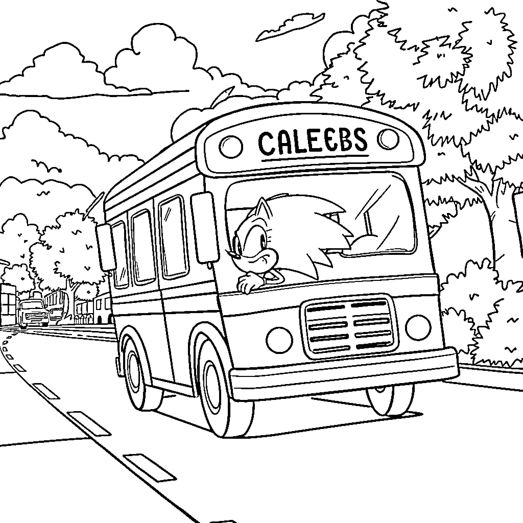 Sonic riding a colorful bus through a scenic landscape Coloring Page (free black-and-white line drawing printable PDF for all, from beginners to advanced learners, including children, teens, adults, and seniors)