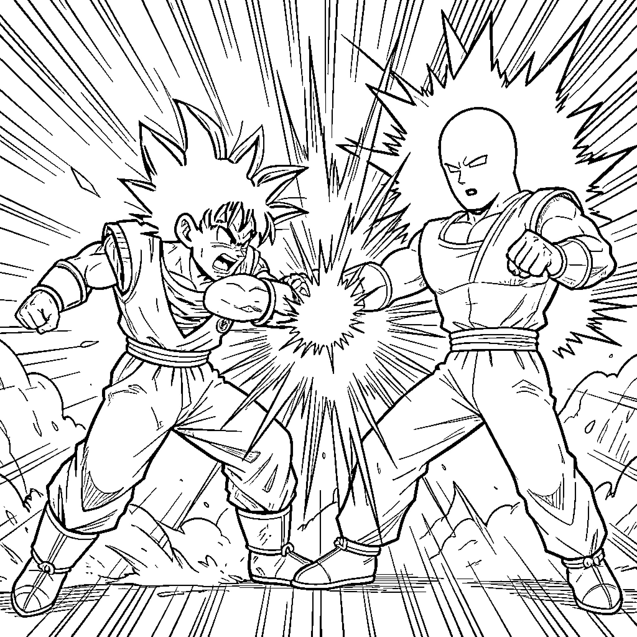 Goku and Saitama clash in an intense battle Coloring Page (free black-and-white line drawing printable PDF for all, from beginners to advanced learners, including children, teens, adults, and seniors)