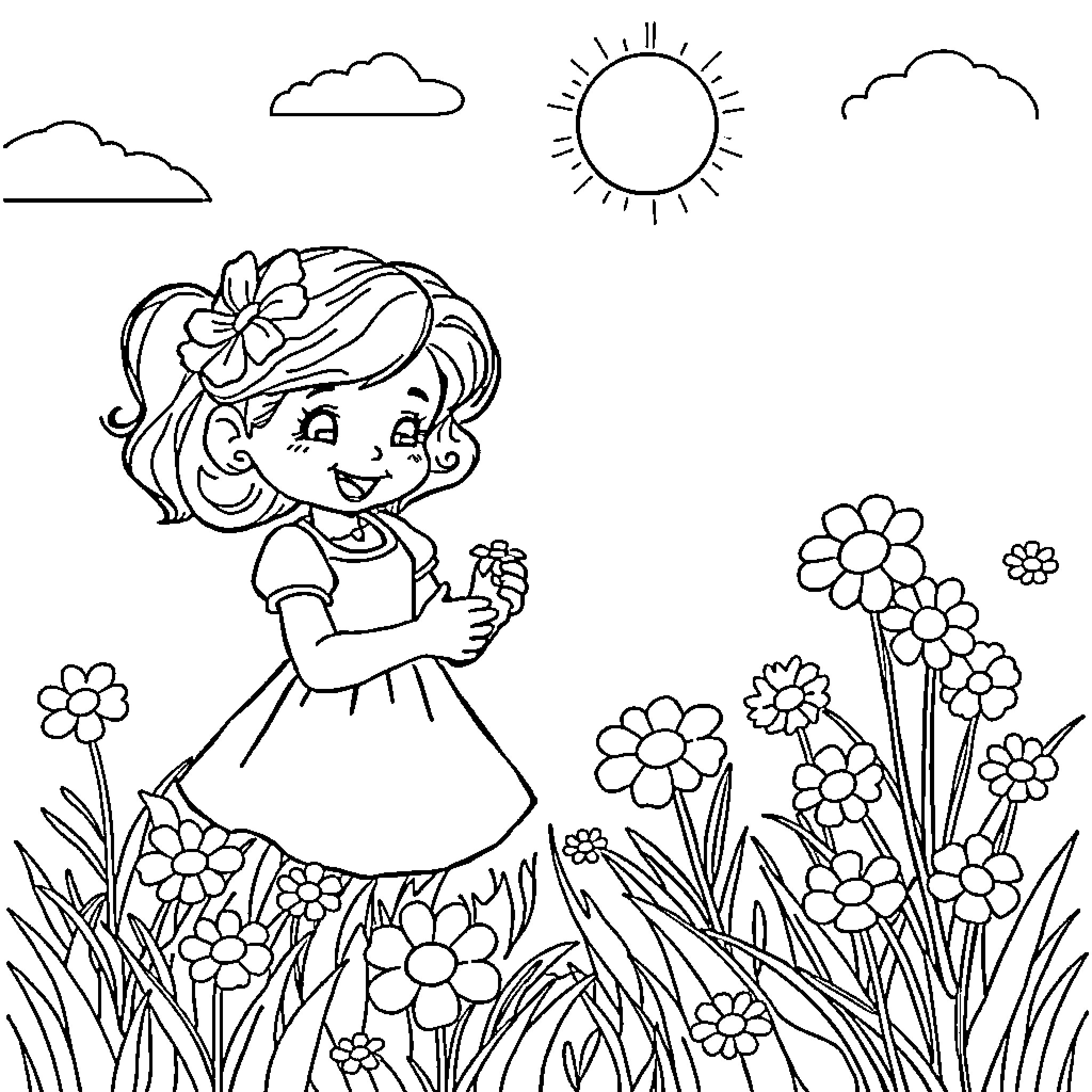 Rosita Fresita's Joyful Garden Stroll Coloring Page (free black-and-white line drawing printable PDF for all, from beginners to advanced learners, including children, teens, adults, and seniors)