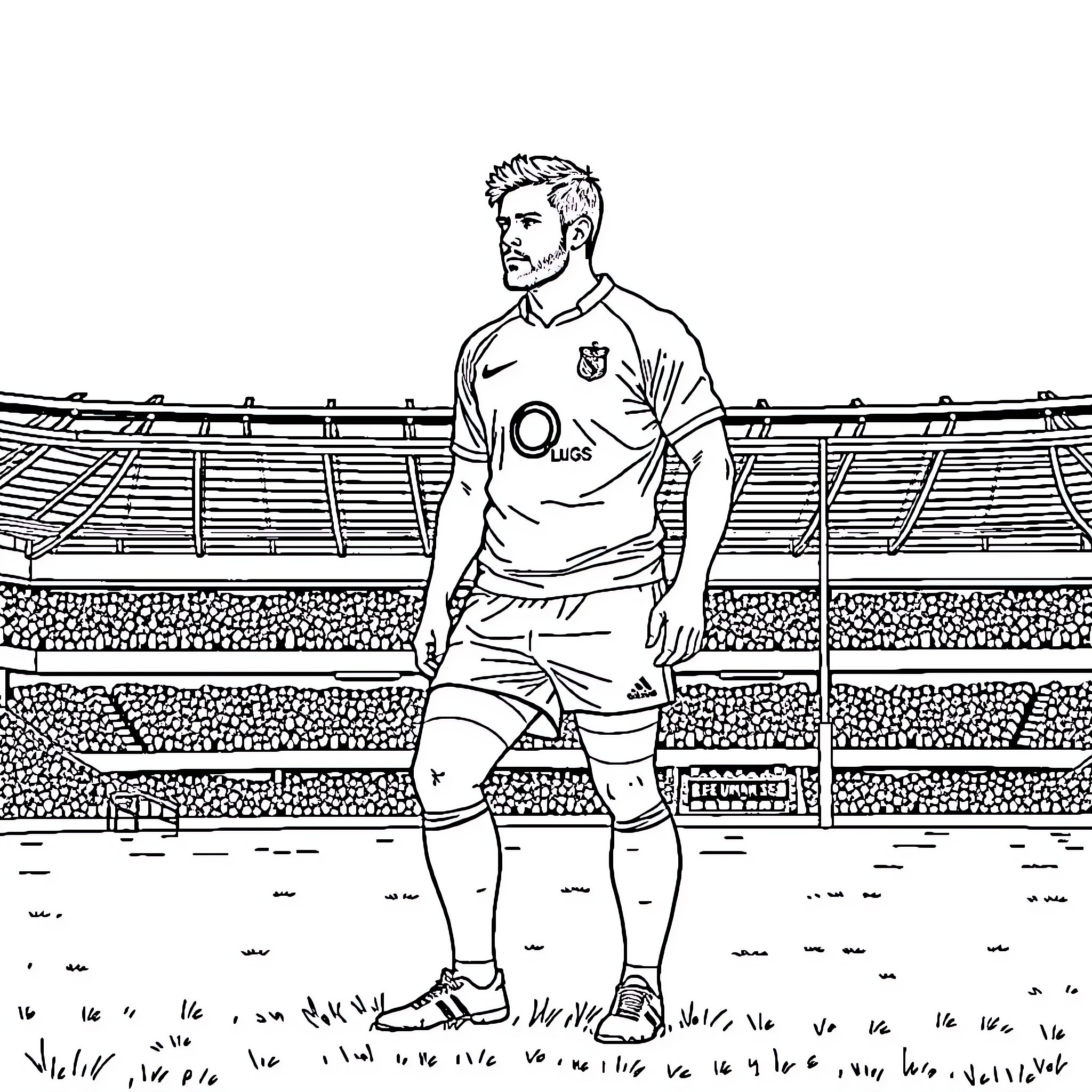 Antoine Dupont standing confidently on the soccer field Coloring Page (free black-and-white line drawing printable PDF for all, from beginners to advanced learners, including children, teens, adults, and seniors)
