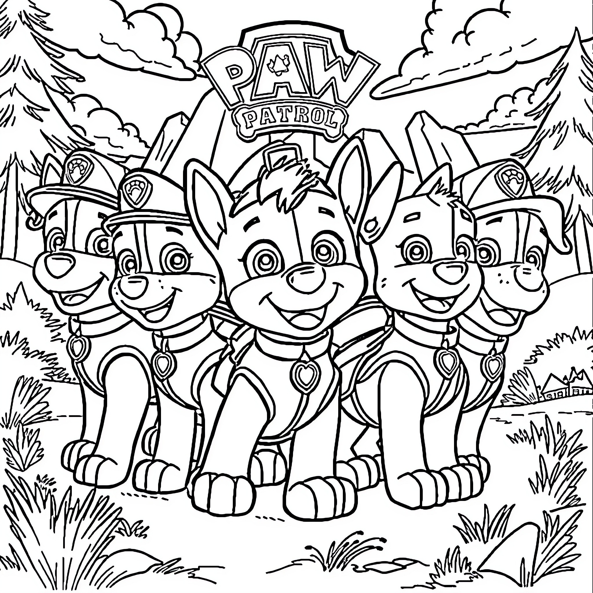 Paw Patrol Pups Adventuring in the Wilderness Coloring Page (free black-and-white line drawing printable PDF for all, from beginners to advanced learners, including children, teens, adults, and seniors)