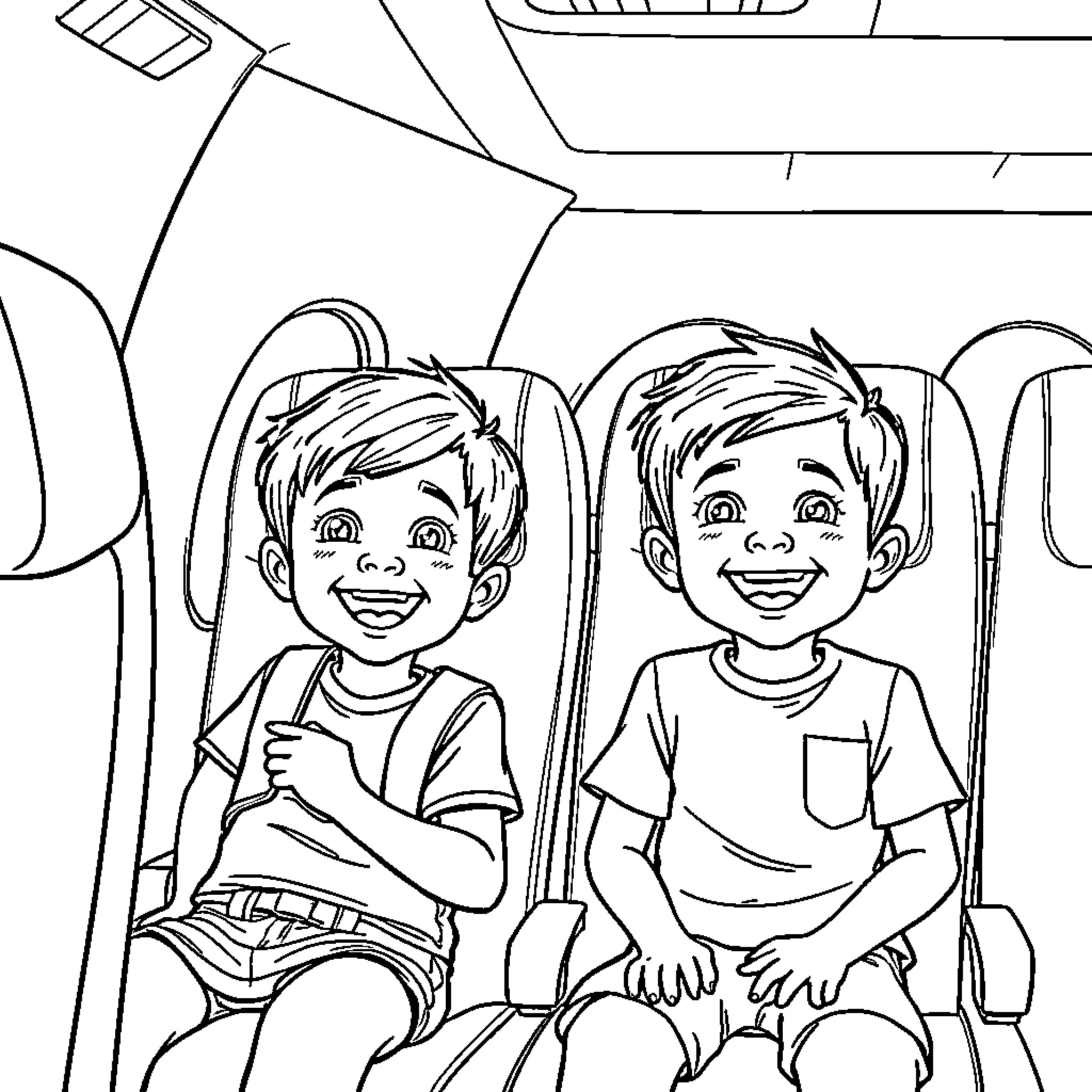 Boy Friends Enjoying Ride in Automobile Coloring Page (free black-and-white line drawing printable PDF for all, from beginners to advanced learners, including children, teens, adults, and seniors)