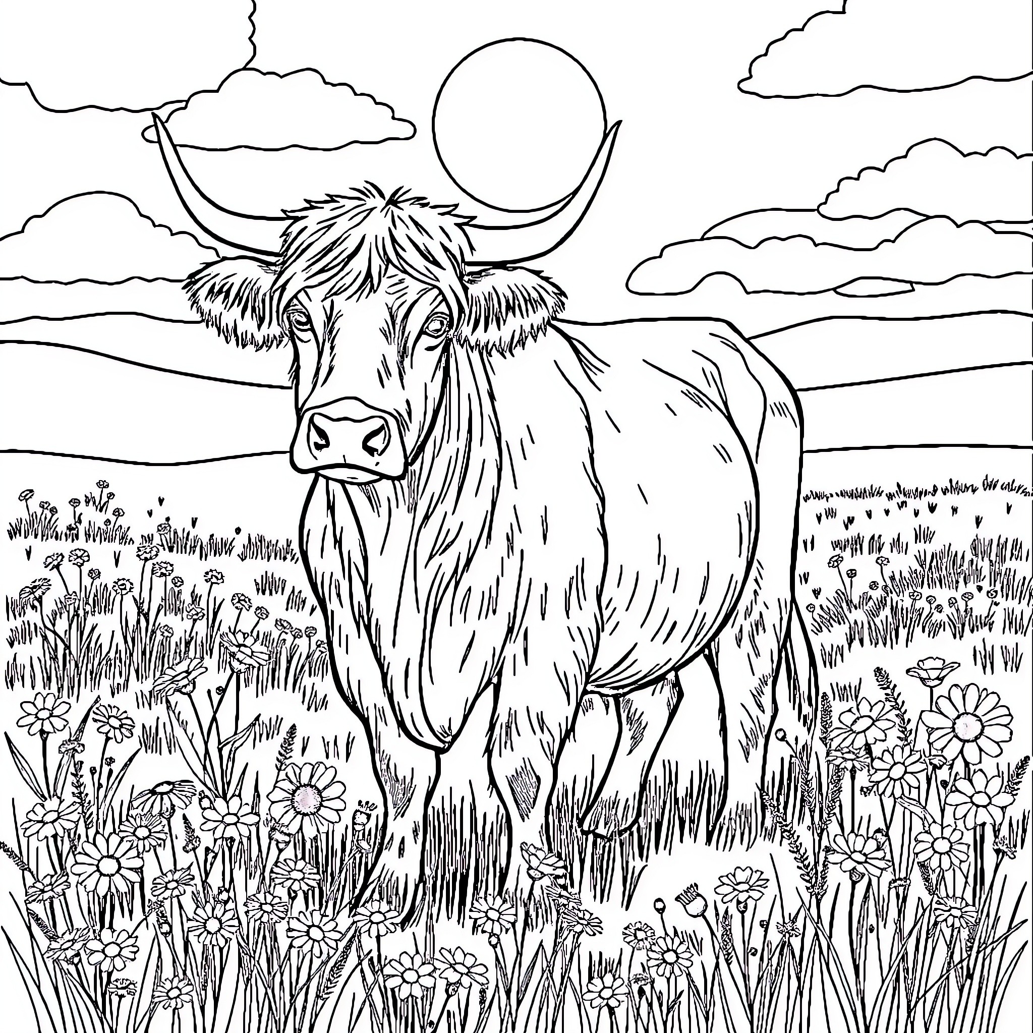 Highland Cow standing in a field of flowers Coloring Page (free black-and-white line drawing printable PDF for all, from beginners to advanced learners, including children, teens, adults, and seniors)