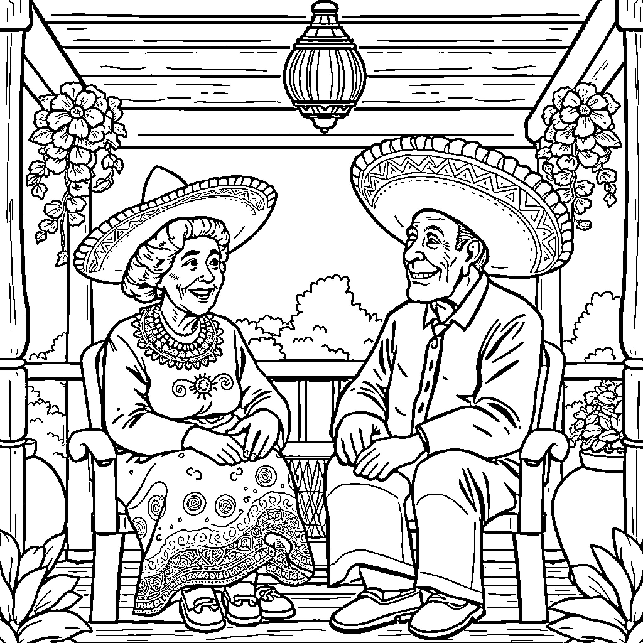 Grandparent Couple Enjoying Time Together in Traditional Attire Coloring Page (free black-and-white line drawing printable PDF for all, from beginners to advanced learners, including children, teens, adults, and seniors)