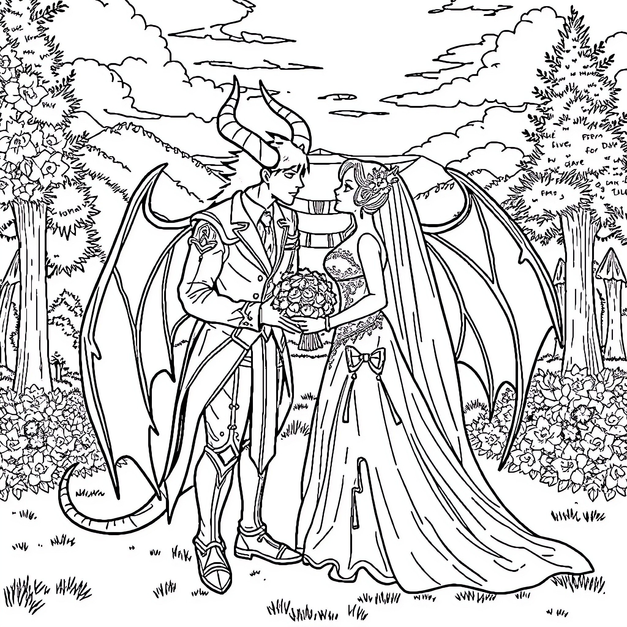 Demon Slayer Wedding Ceremony in Enchanted Forest Coloring Page (free black-and-white line drawing printable PDF for all, from beginners to advanced learners, including children, teens, adults, and seniors)