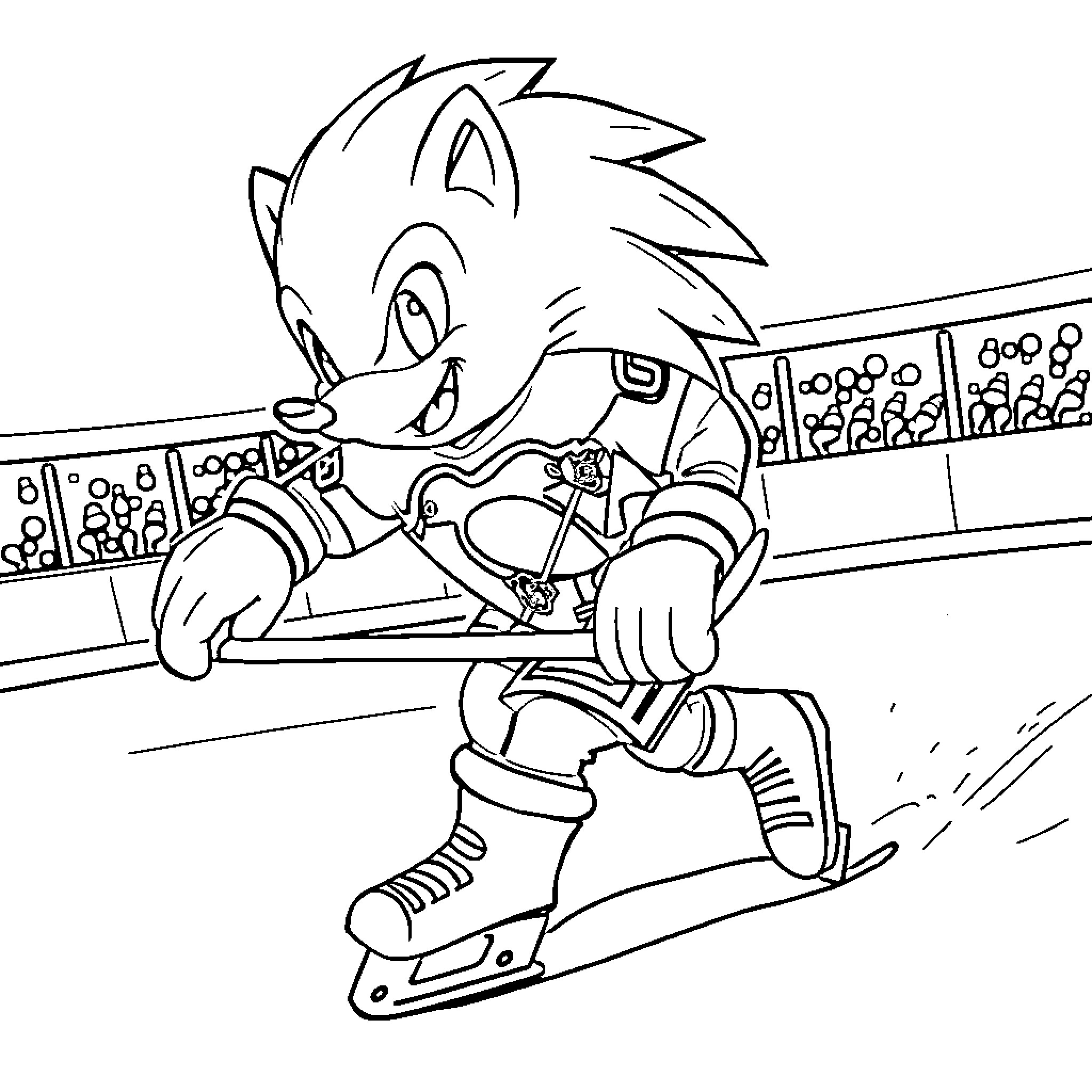 Silver Hedgehog Speedskating on the Rink Coloring Page (free black-and-white line drawing printable PDF for all, from beginners to advanced learners, including children, teens, adults, and seniors)