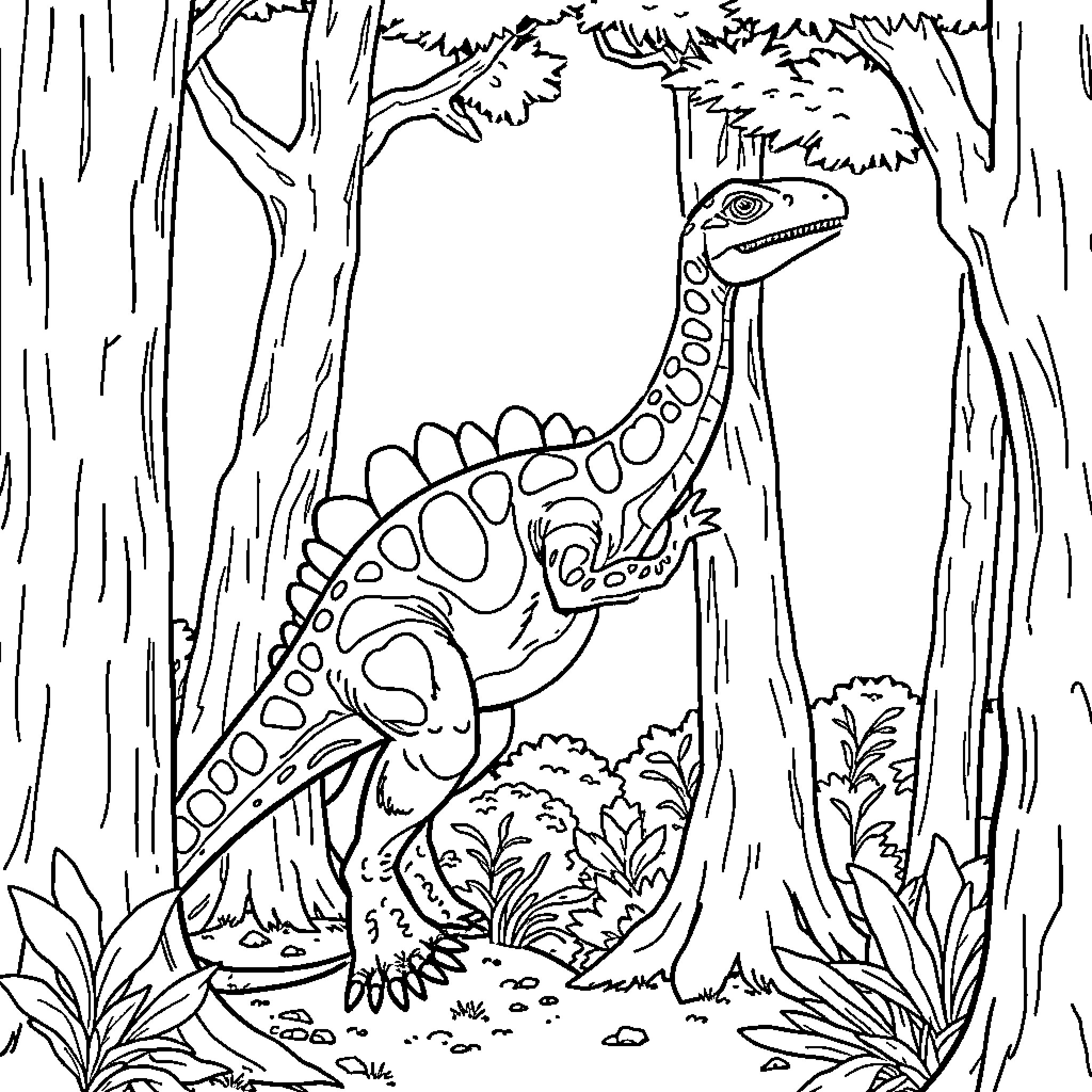 Tommasaurus exploring the lush forest Coloring Page (free black-and-white line drawing printable PDF for all, from beginners to advanced learners, including children, teens, adults, and seniors)