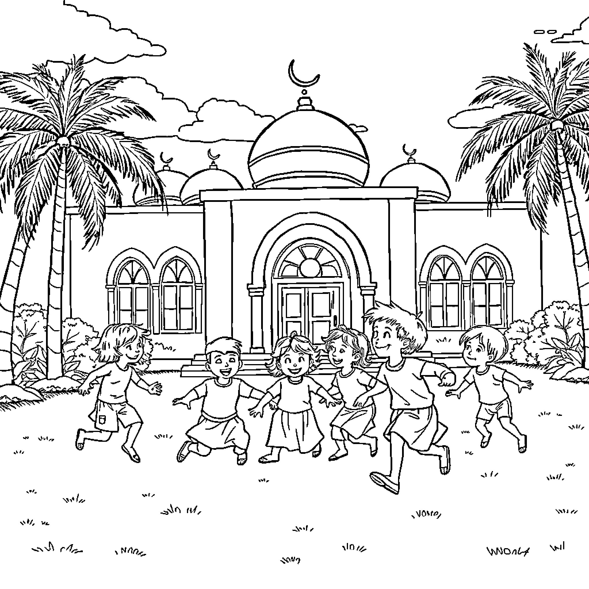 Kids playing joyfully near a mosque in the park Coloring Page (free black-and-white line drawing printable PDF for all, from beginners to advanced learners, including children, teens, adults, and seniors)