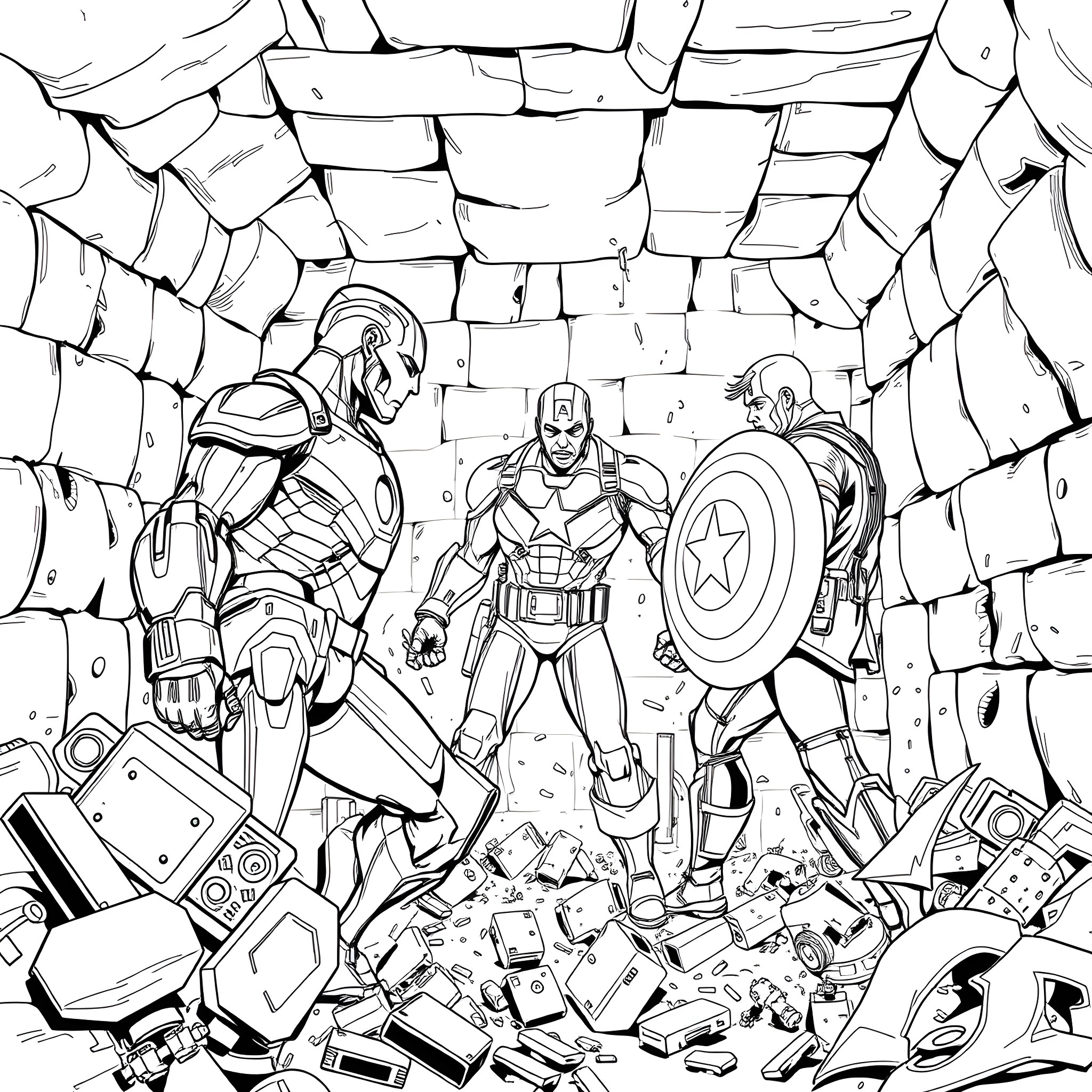 Iron Man Superheroes in Action Amid Rubble Coloring Page (free black-and-white line drawing printable PDF for all, from beginners to advanced learners, including children, teens, adults, and seniors)