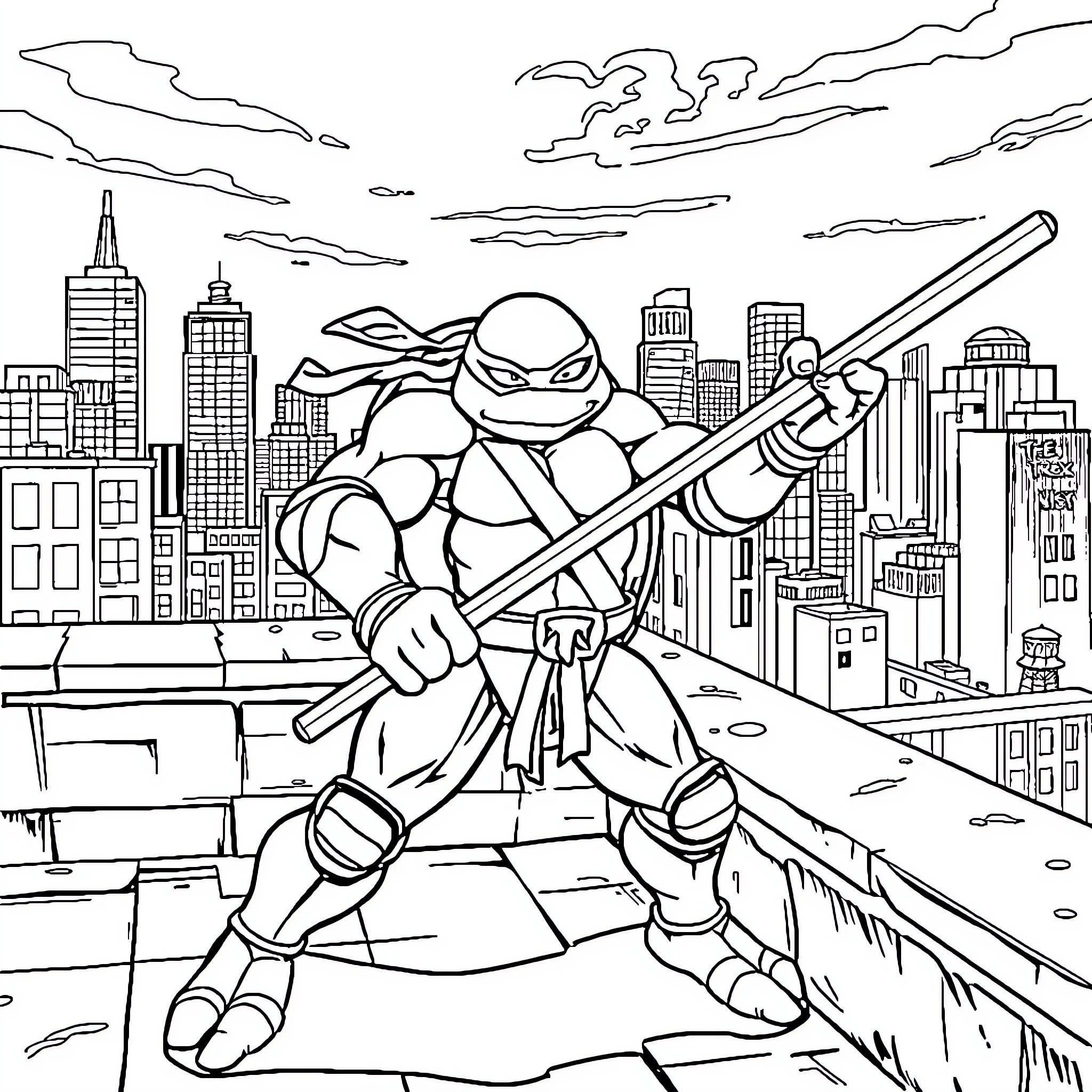 Donatello battles against the city skyline Coloring Page (free black-and-white line drawing printable PDF for all, from beginners to advanced learners, including children, teens, adults, and seniors)