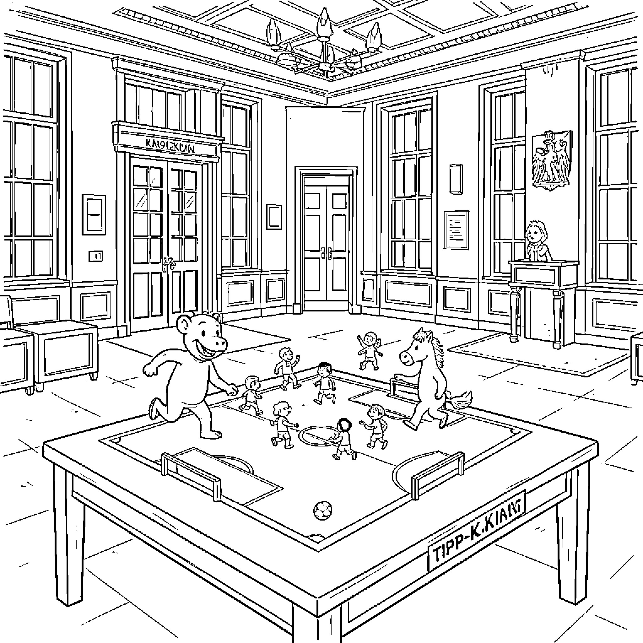 Äffle children playing games on a large table Coloring Page (free black-and-white line drawing printable PDF for all, from beginners to advanced learners, including children, teens, adults, and seniors)