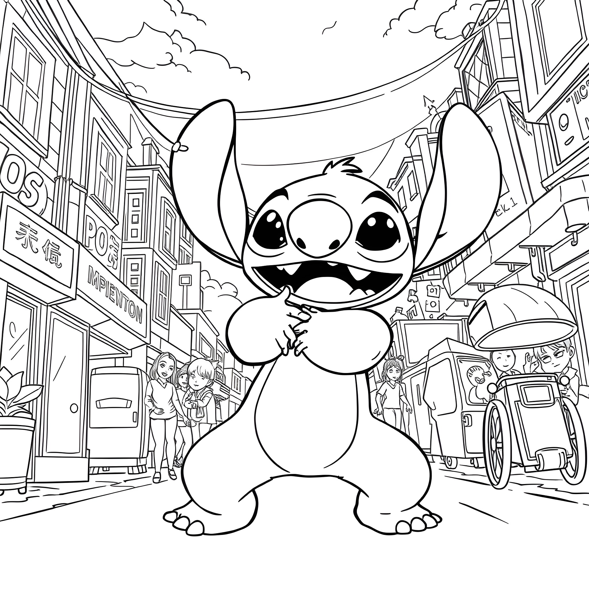Stitch exploring the vibrant city streets Coloring Page (free black-and-white line drawing printable PDF for all, from beginners to advanced learners, including children, teens, adults, and seniors)