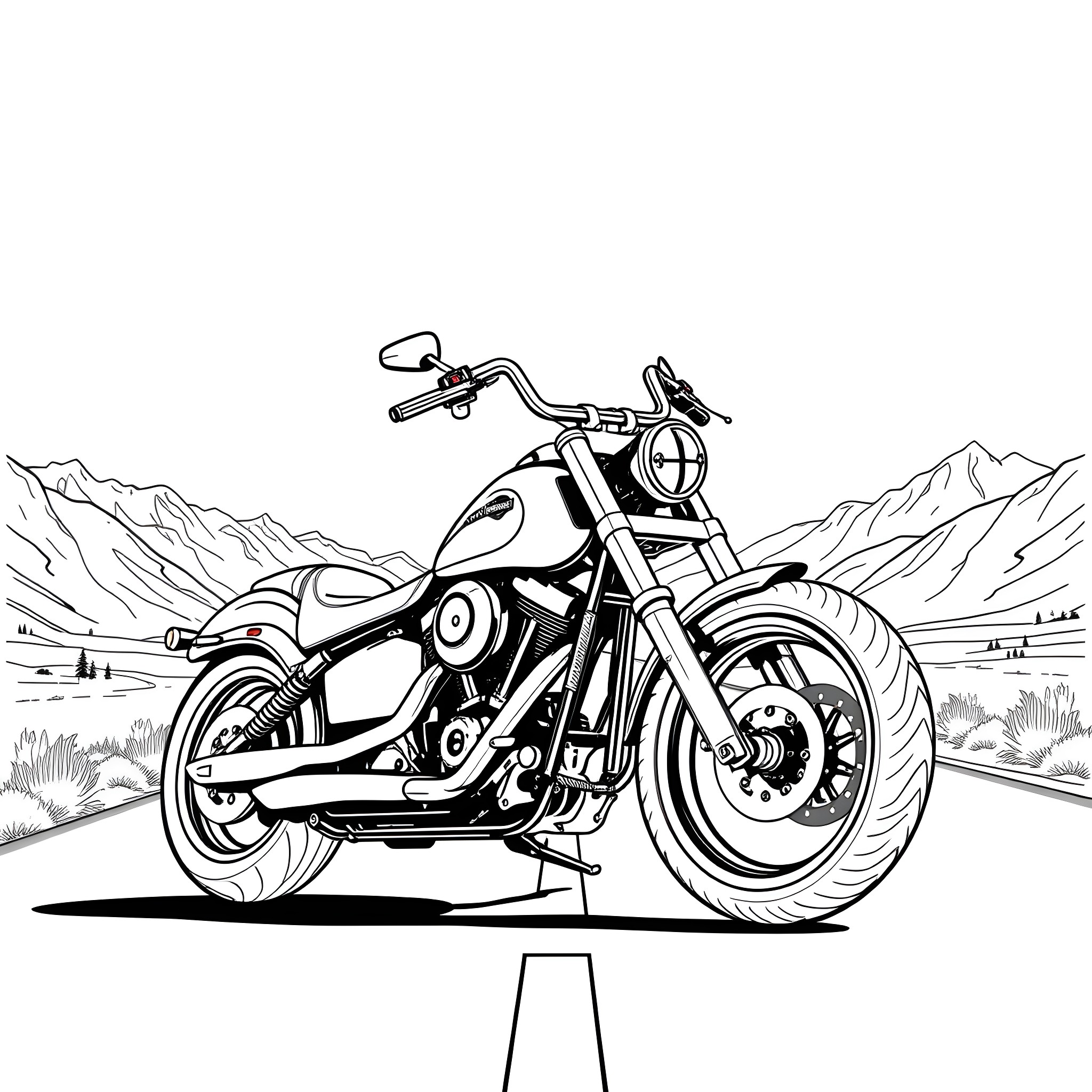 Harley Davidson Motorcycle on the Open Road Coloring Page (free black-and-white line drawing printable PDF for all, from beginners to advanced learners, including children, teens, adults, and seniors)