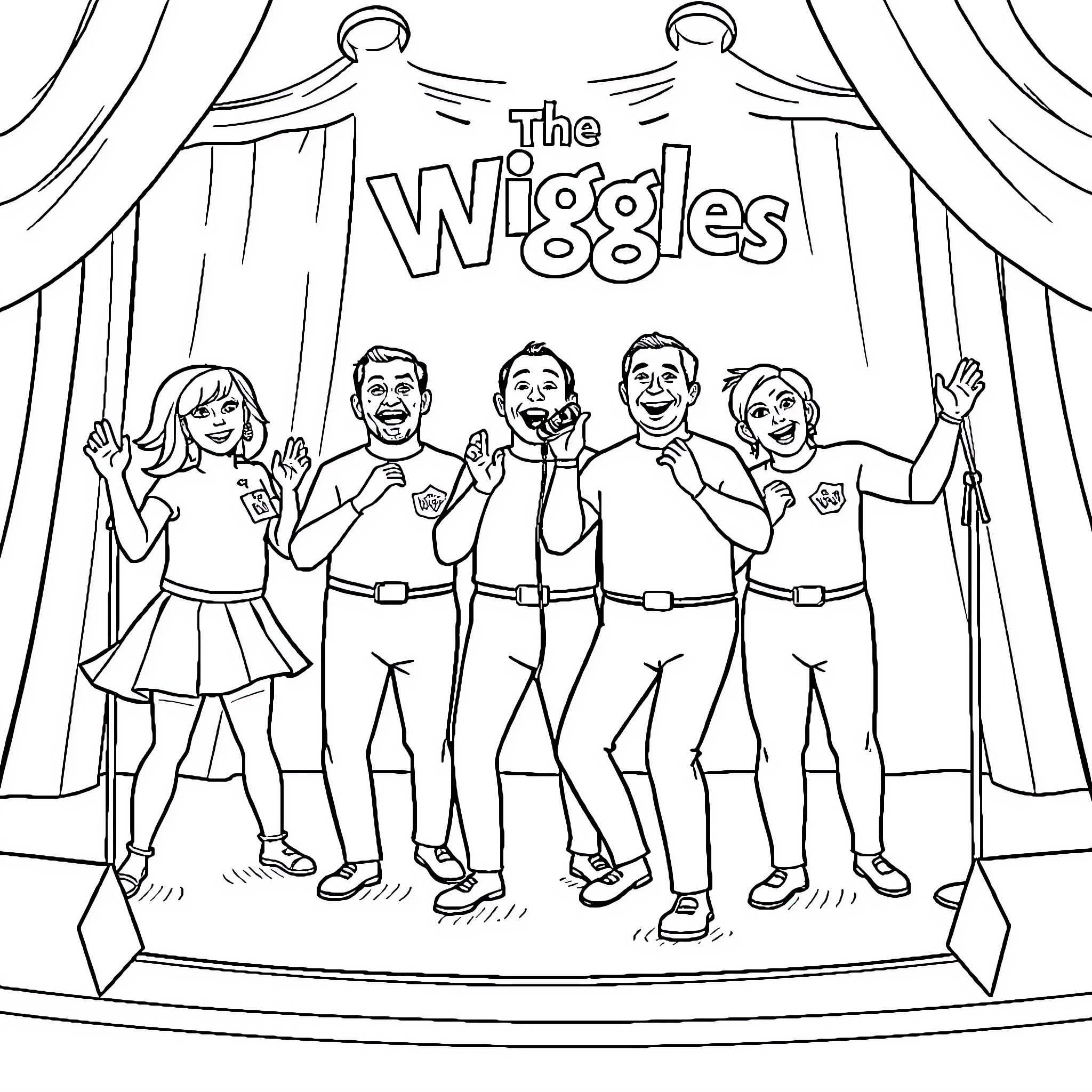 Wiggles Performing on Stage with Enthusiastic Expressions Coloring Page (free black-and-white line drawing printable PDF for all, from beginners to advanced learners, including children, teens, adults, and seniors)