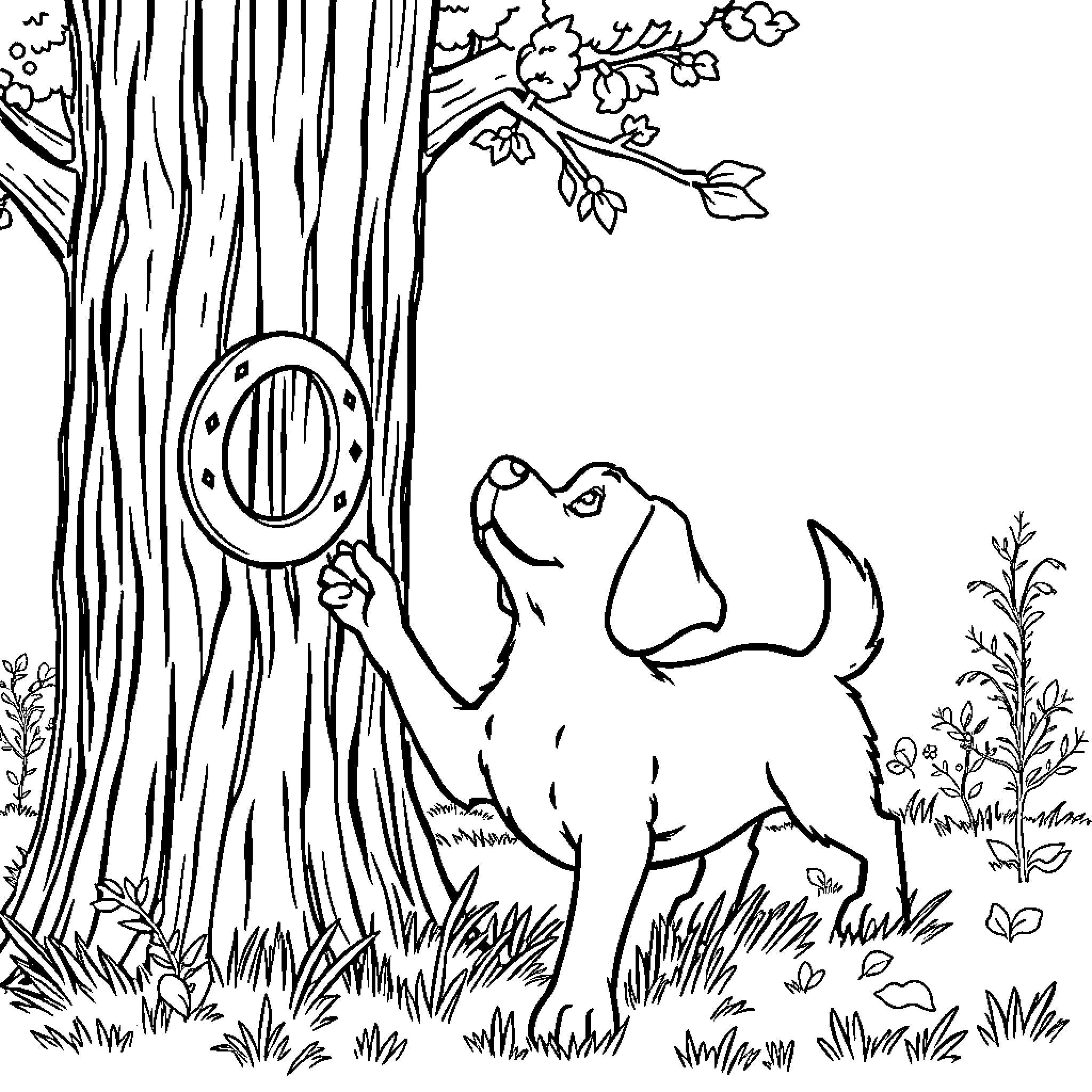 Dog exploring nature through a hole in the tree Coloring Page (free black-and-white line drawing printable PDF for all, from beginners to advanced learners, including children, teens, adults, and seniors)