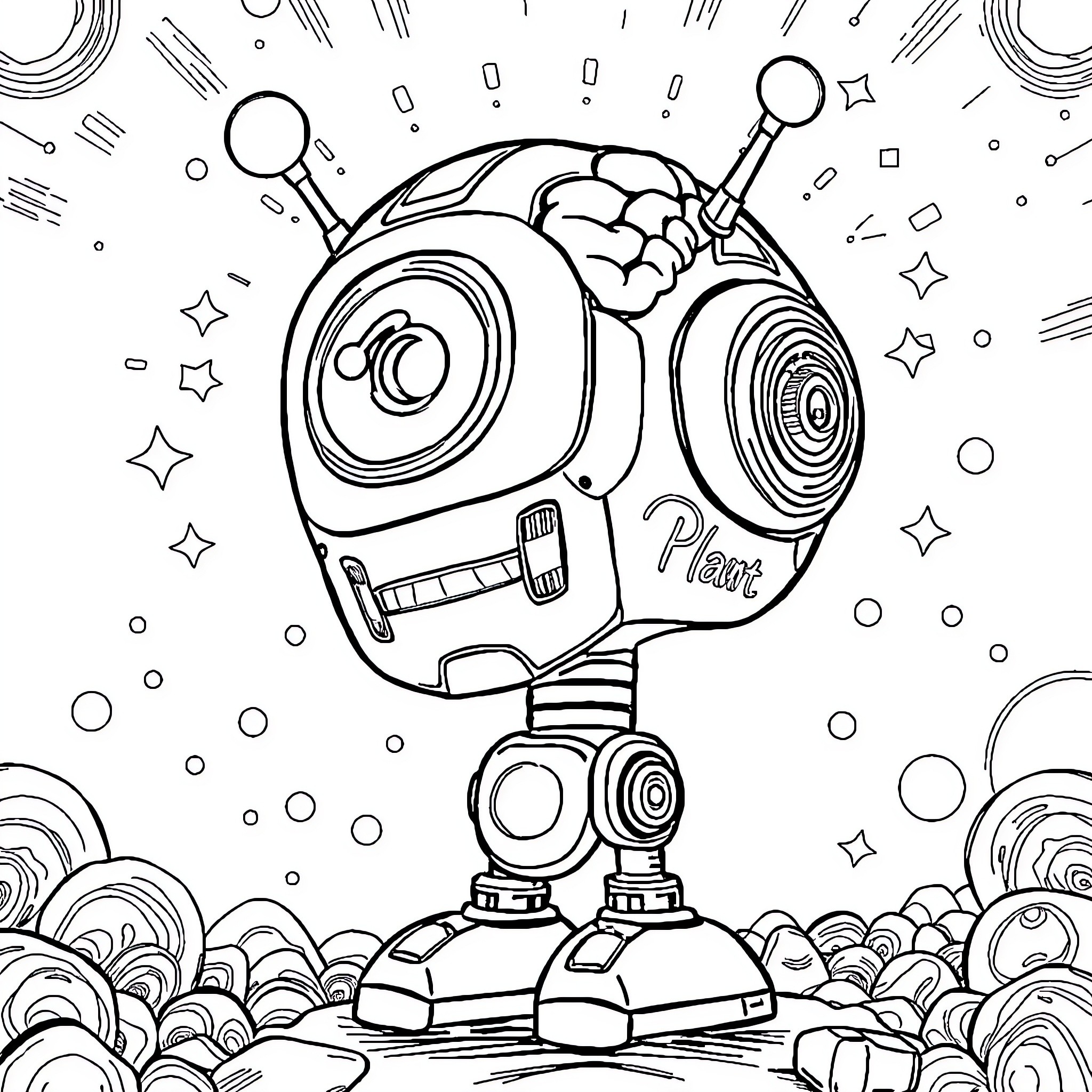 Brainbot exploring the cosmic wonders Coloring Page (free black-and-white line drawing printable PDF for all, from beginners to advanced learners, including children, teens, adults, and seniors)