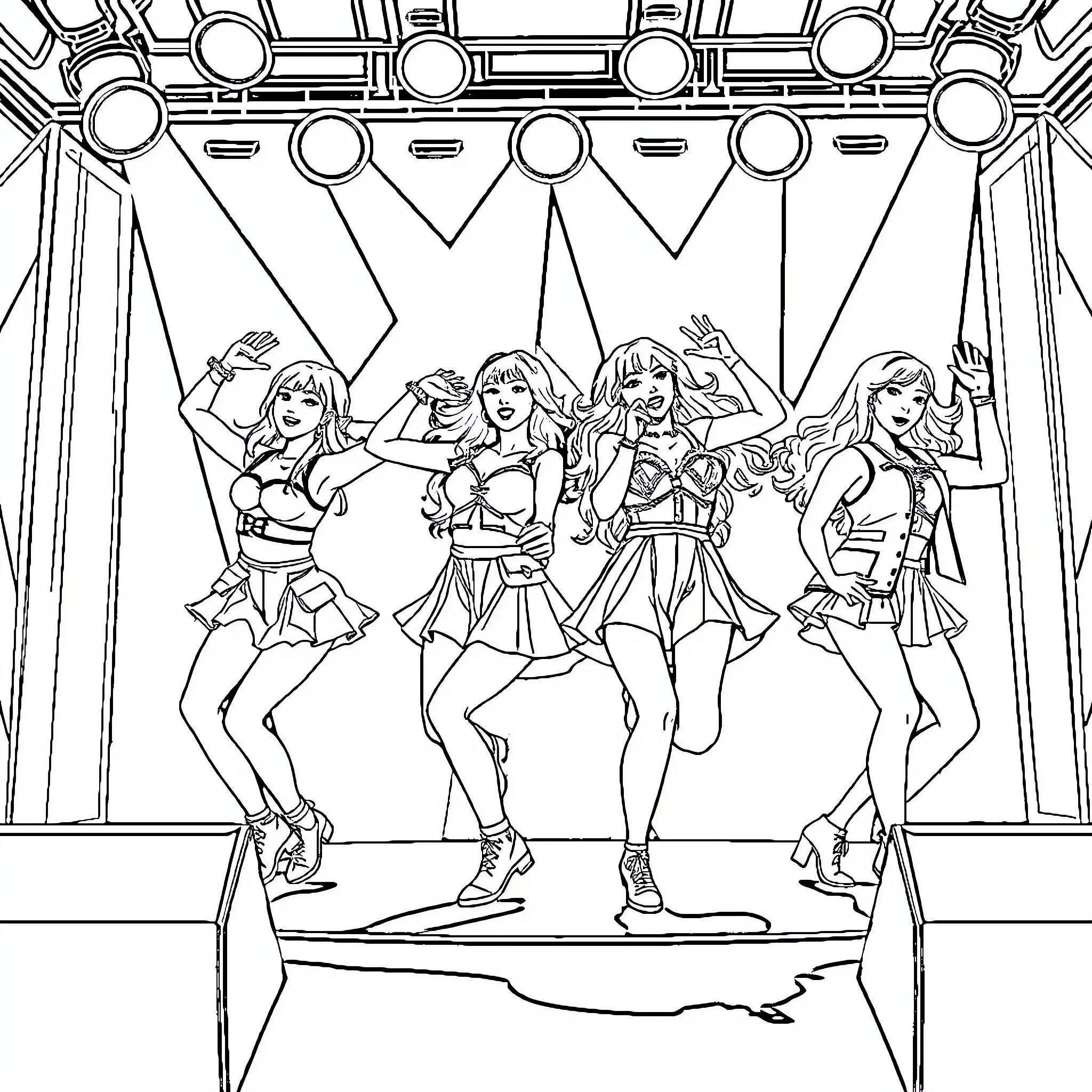 Kpop Girl Group Members Performing on Stage Coloring Page (free black-and-white line drawing printable PDF for all, from beginners to advanced learners, including children, teens, adults, and seniors)