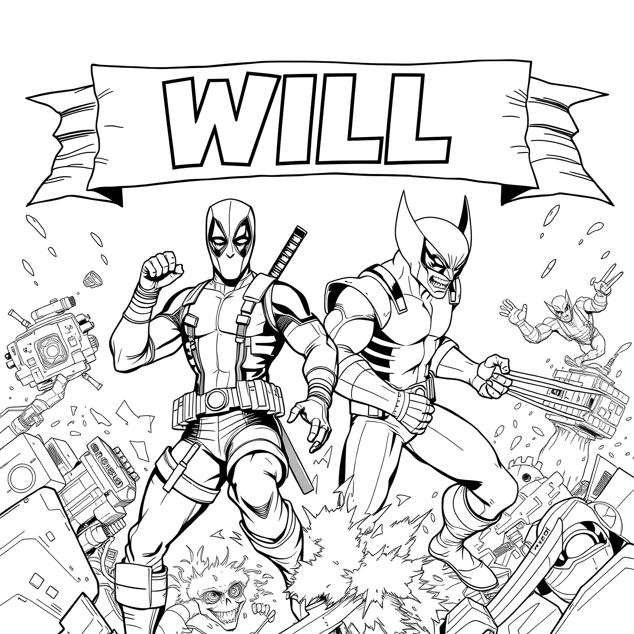 Deadpool and Wolverine in action-packed battle scene Coloring Page (free black-and-white line drawing printable PDF for all, from beginners to advanced learners, including children, teens, adults, and seniors)