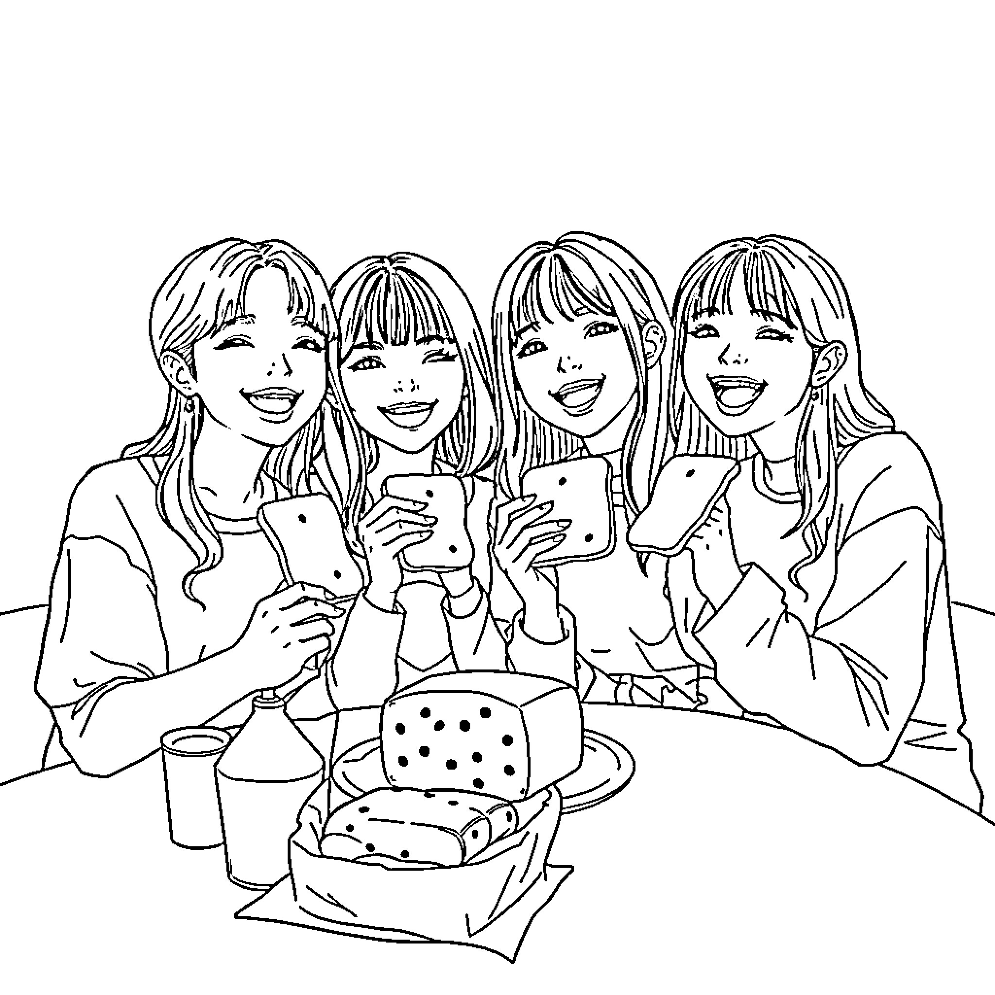 Huntrix Group Enjoying Snacks and Conversation Coloring Page (free black-and-white line drawing printable PDF for all, from beginners to advanced learners, including children, teens, adults, and seniors)