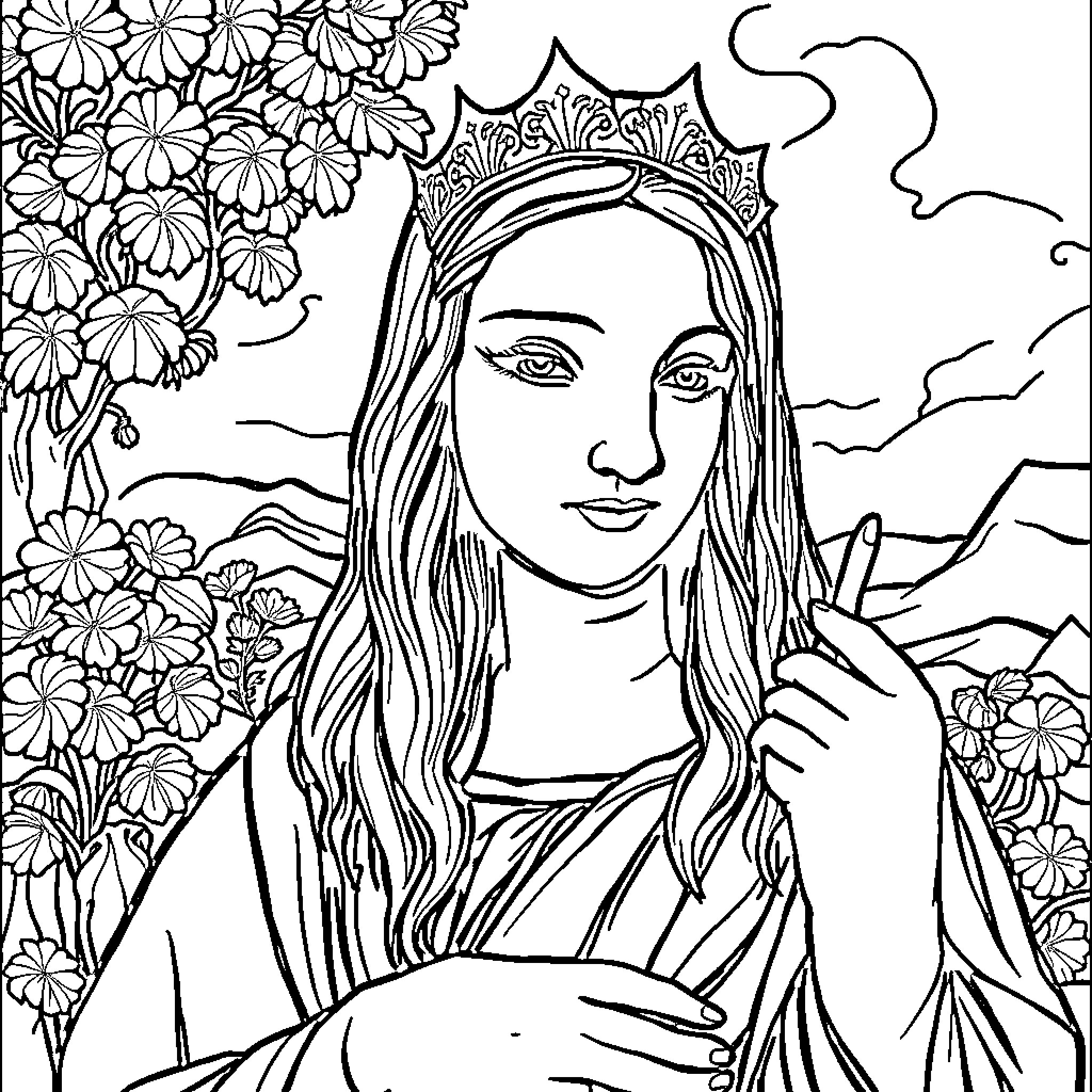 Mona Lisa in a Floral Wonderland Coloring Page (free black-and-white line drawing printable PDF for all, from beginners to advanced learners, including children, teens, adults, and seniors)