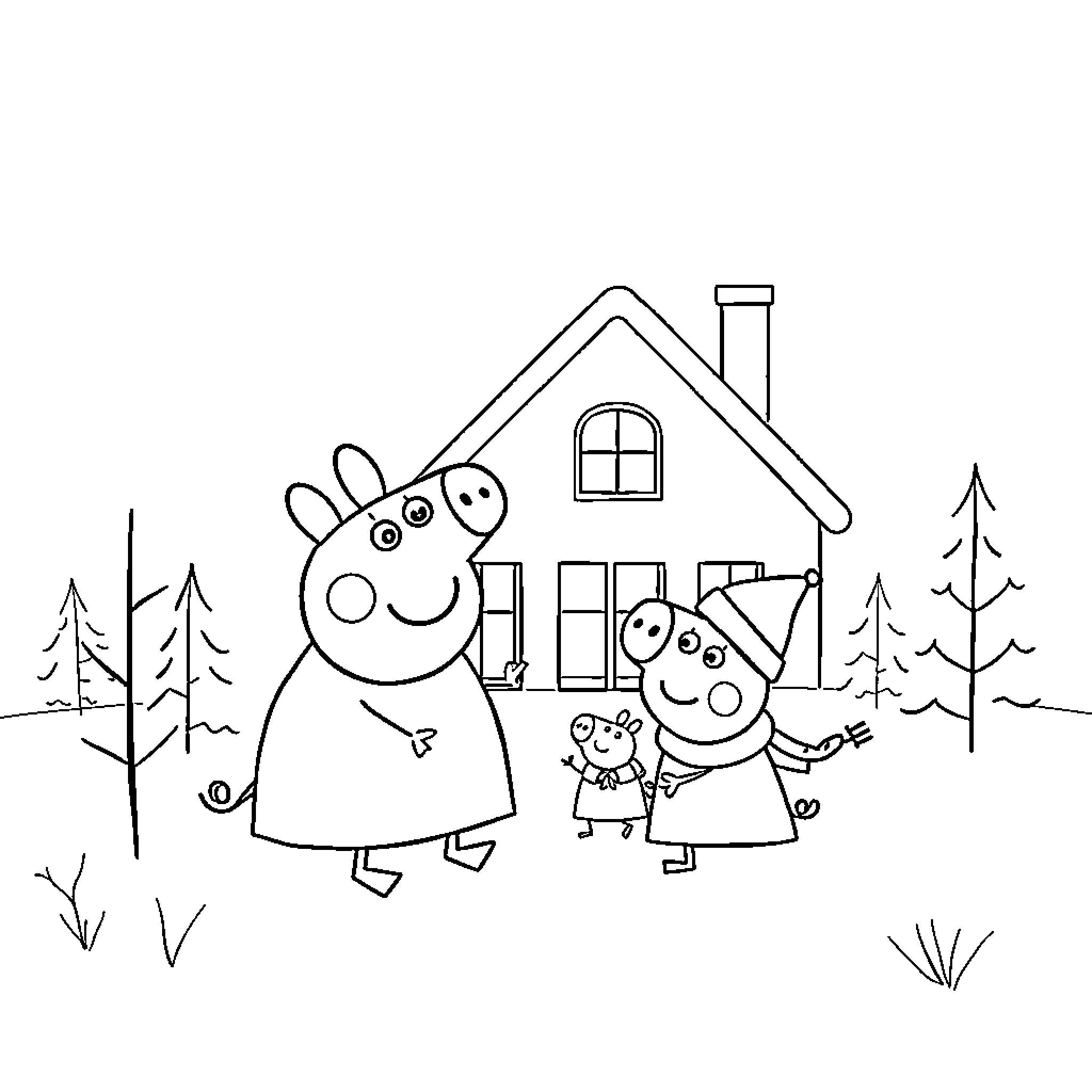 Peppa and Family Enjoying a Cozy Home Coloring Page (free black-and-white line drawing printable PDF for all, from beginners to advanced learners, including children, teens, adults, and seniors)