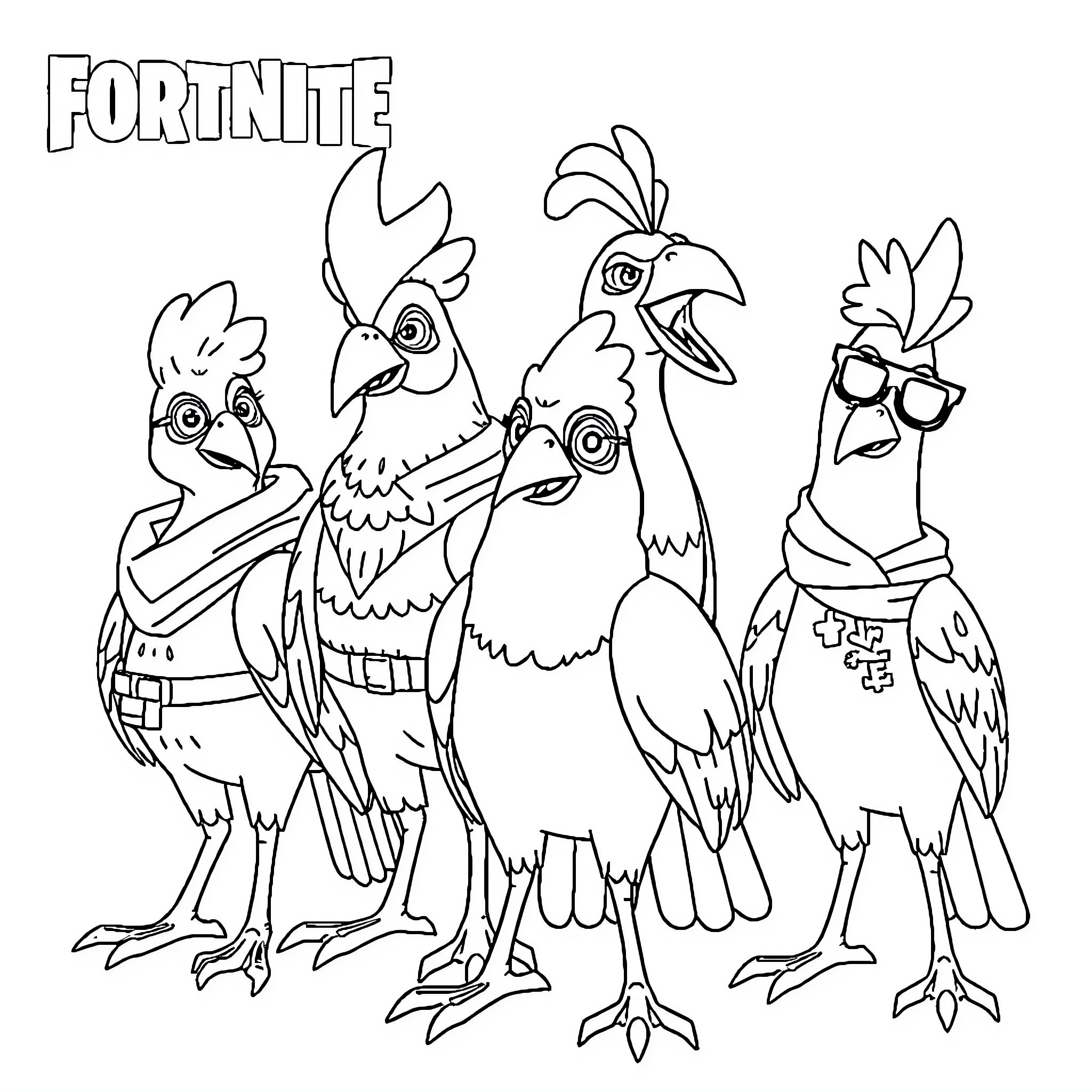 Birds expressing emotions in Fortnite-inspired scene Coloring Page (free black-and-white line drawing printable PDF for all, from beginners to advanced learners, including children, teens, adults, and seniors)