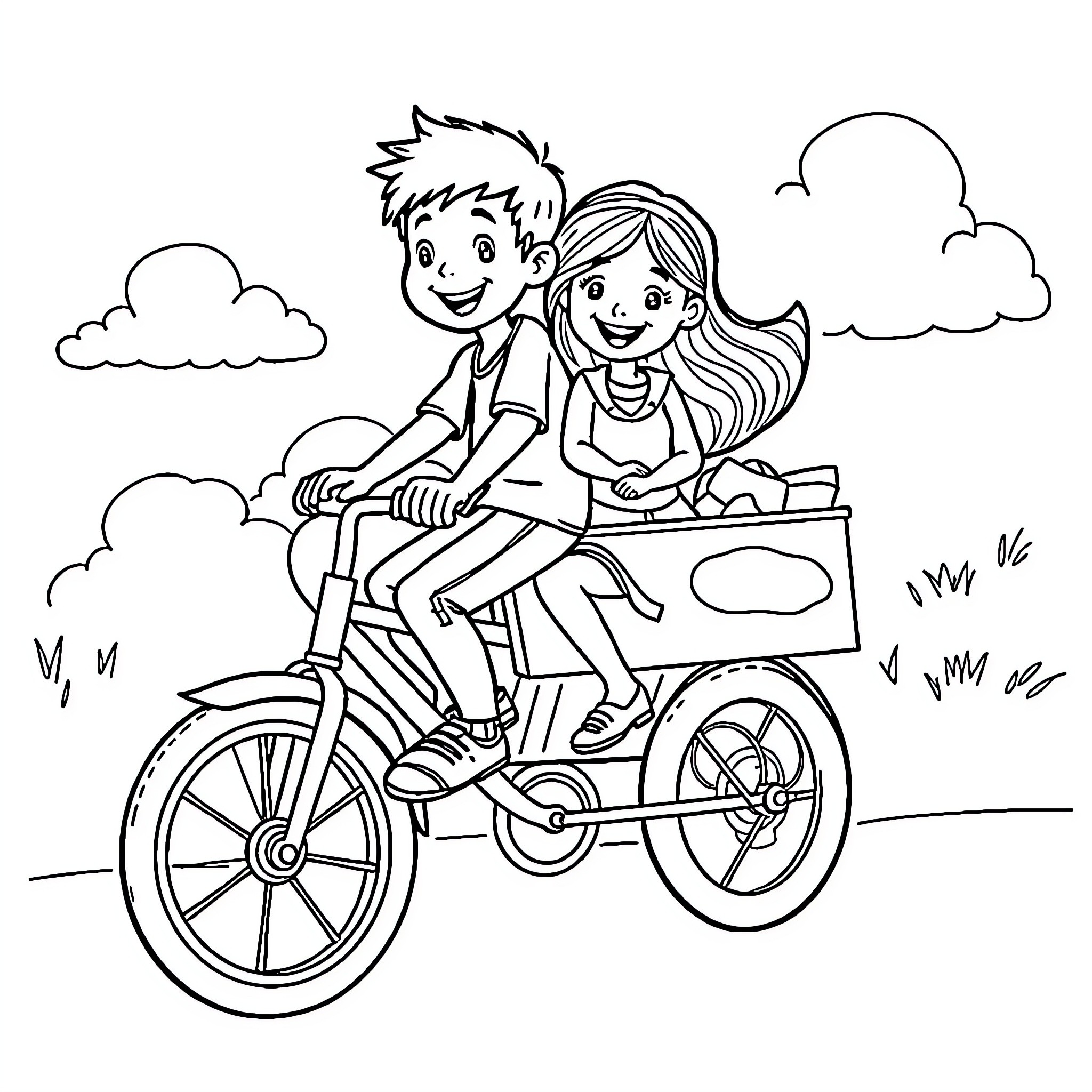 Cargobike ride with happy couple Coloring Page (free black-and-white line drawing printable PDF for all, from beginners to advanced learners, including children, teens, adults, and seniors)