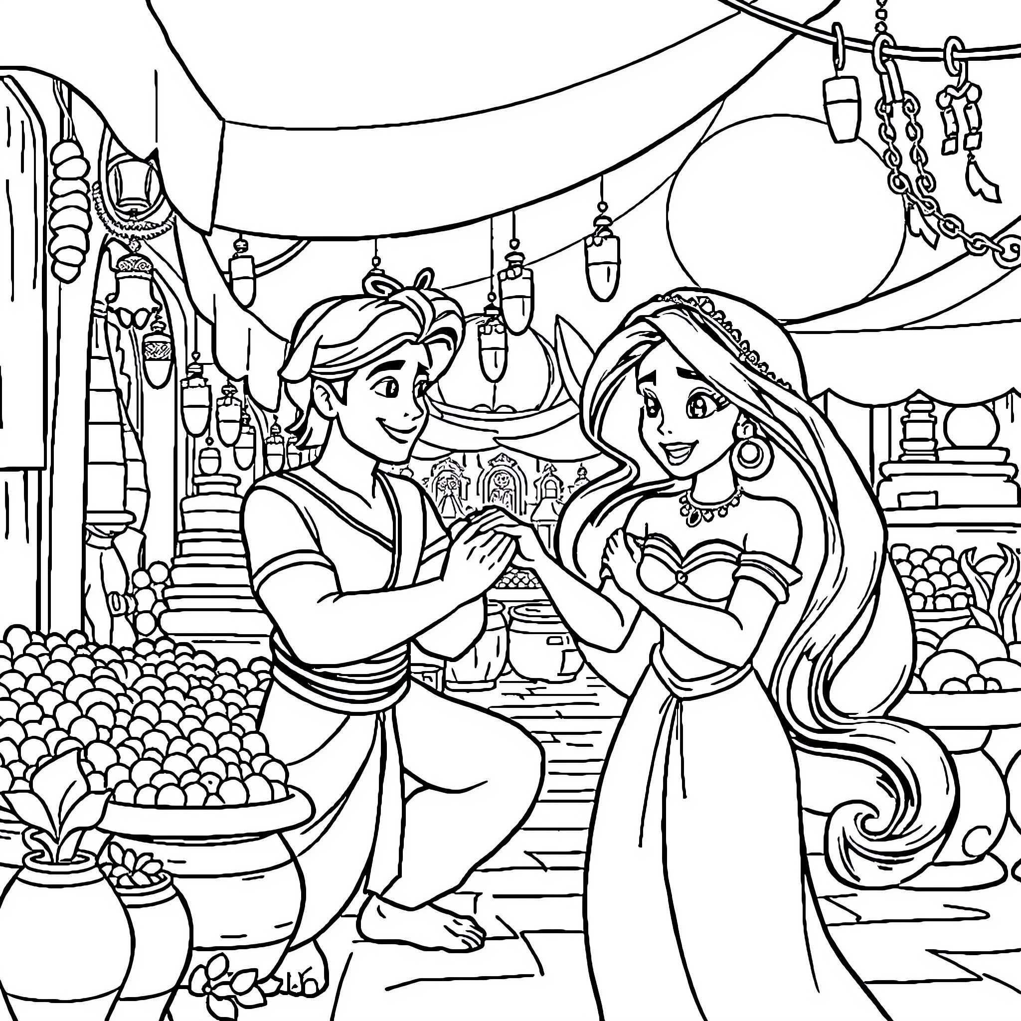 Princess Jasmine and Aladdin exploring a bustling marketplace Coloring Page (free black-and-white line drawing printable PDF for all, from beginners to advanced learners, including children, teens, adults, and seniors)