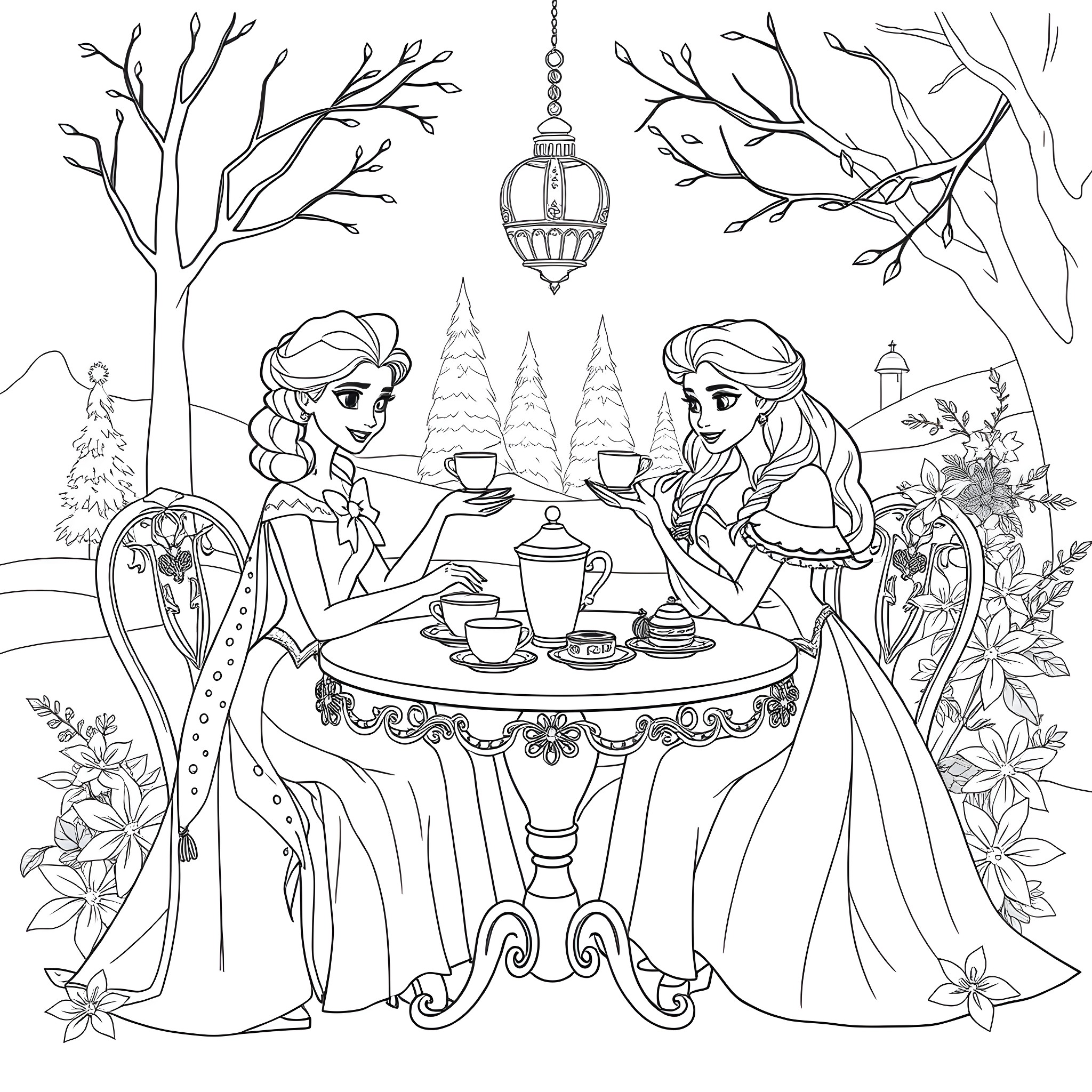 Elsa and Anna's Winter Wonderland Tea Party Coloring Page (free black-and-white line drawing printable PDF for all, from beginners to advanced learners, including children, teens, adults, and seniors)
