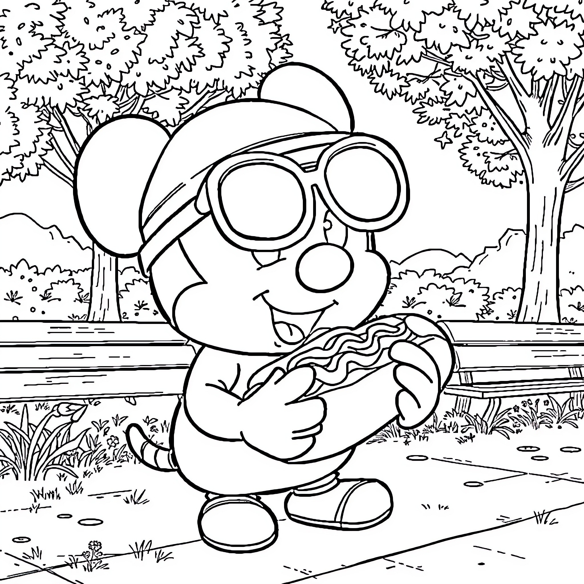Minnie enjoying a picnic in the park Coloring Page (free black-and-white line drawing printable PDF for all, from beginners to advanced learners, including children, teens, adults, and seniors)