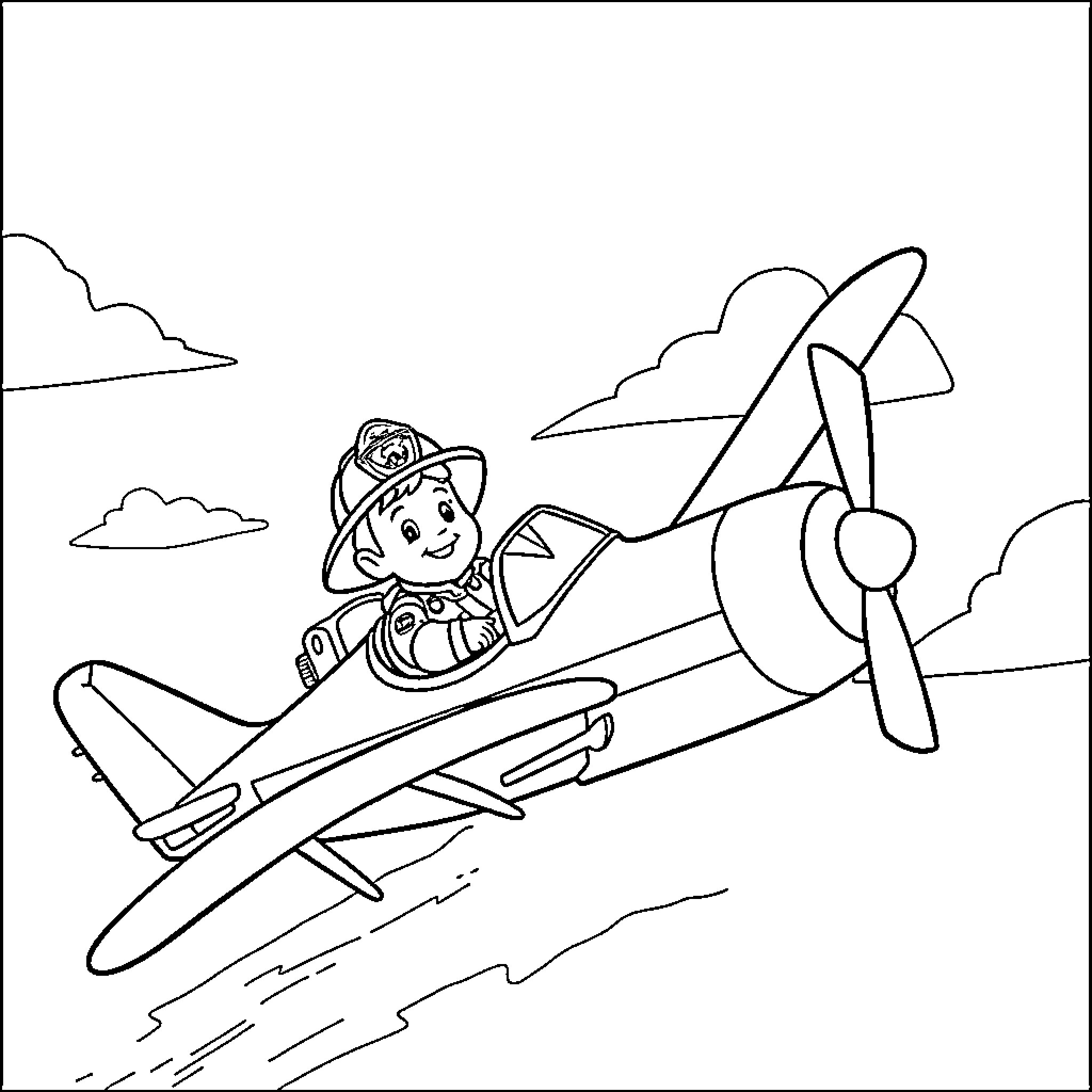 Fireman Sam flying heroically in a biplane Coloring Page (free black-and-white line drawing printable PDF for all, from beginners to advanced learners, including children, teens, adults, and seniors)