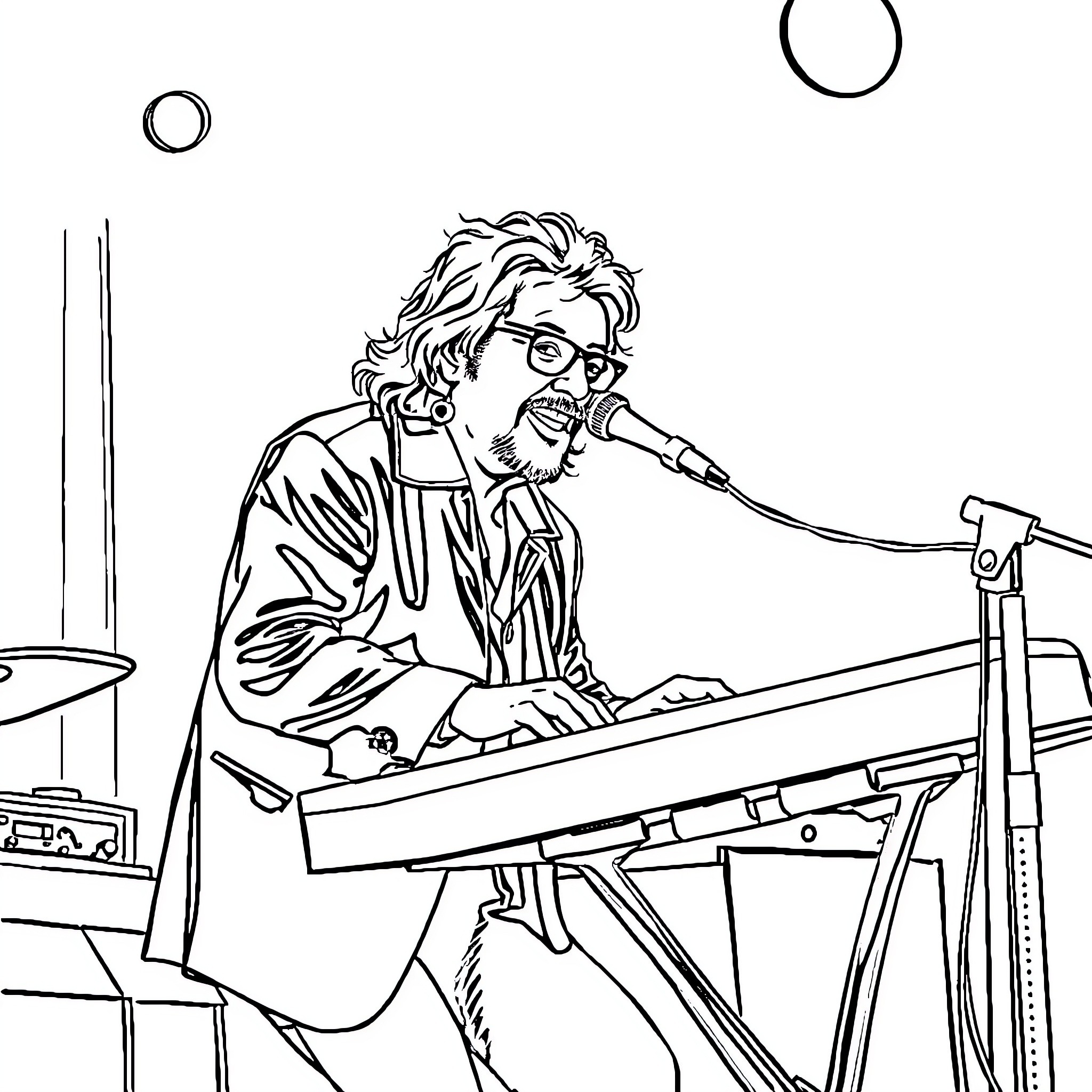 Charly Garcia performing energetically on stage Coloring Page (free black-and-white line drawing printable PDF for all, from beginners to advanced learners, including children, teens, adults, and seniors)