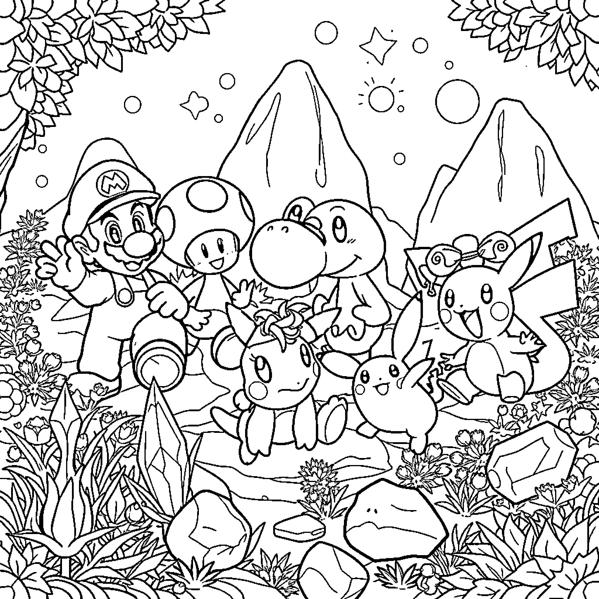 Mario and Friends Exploring the Enchanted Forest Coloring Page (free black-and-white line drawing printable PDF for all, from beginners to advanced learners, including children, teens, adults, and seniors)