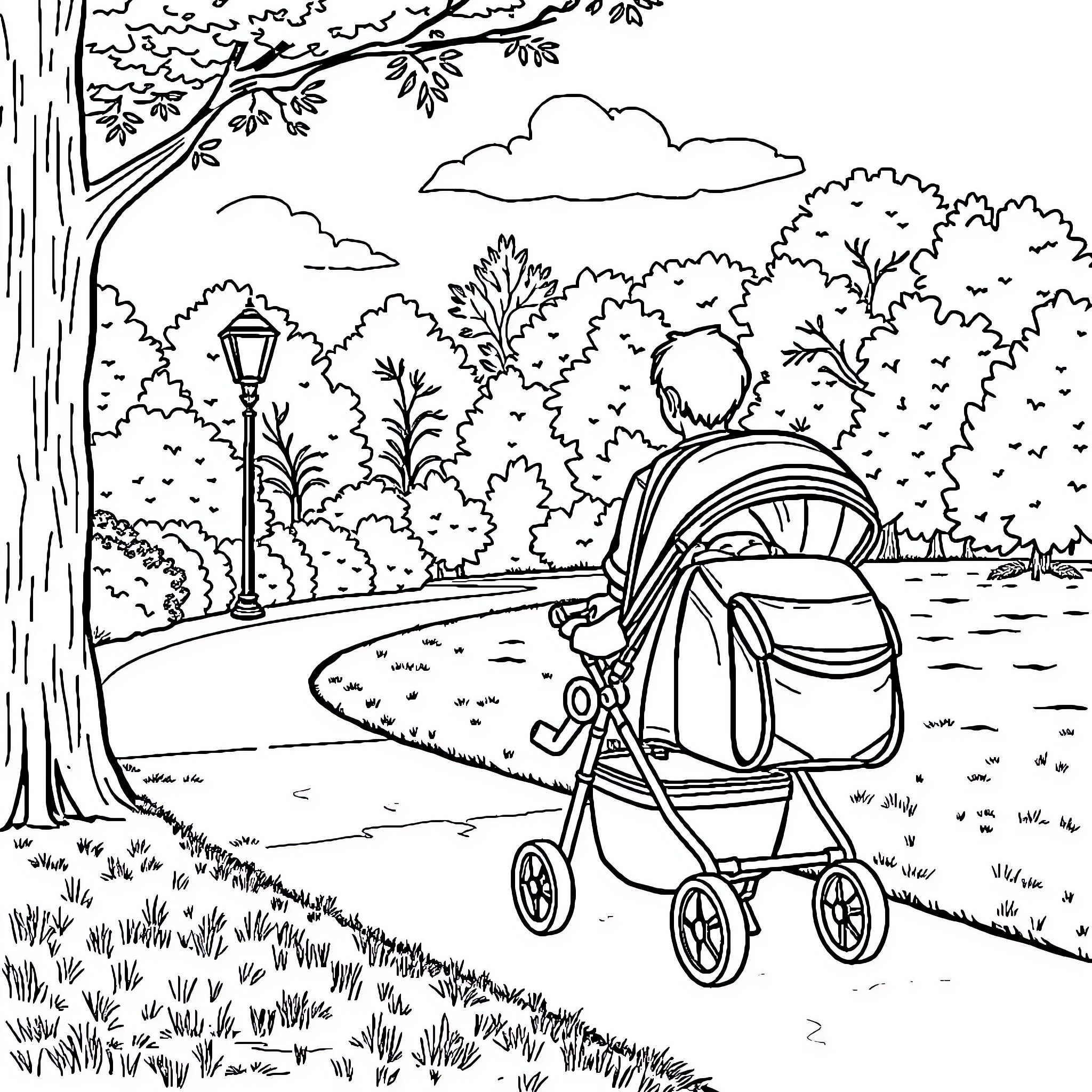 Baby strolling peacefully through the park Coloring Page (free black-and-white line drawing printable PDF for all, from beginners to advanced learners, including children, teens, adults, and seniors)